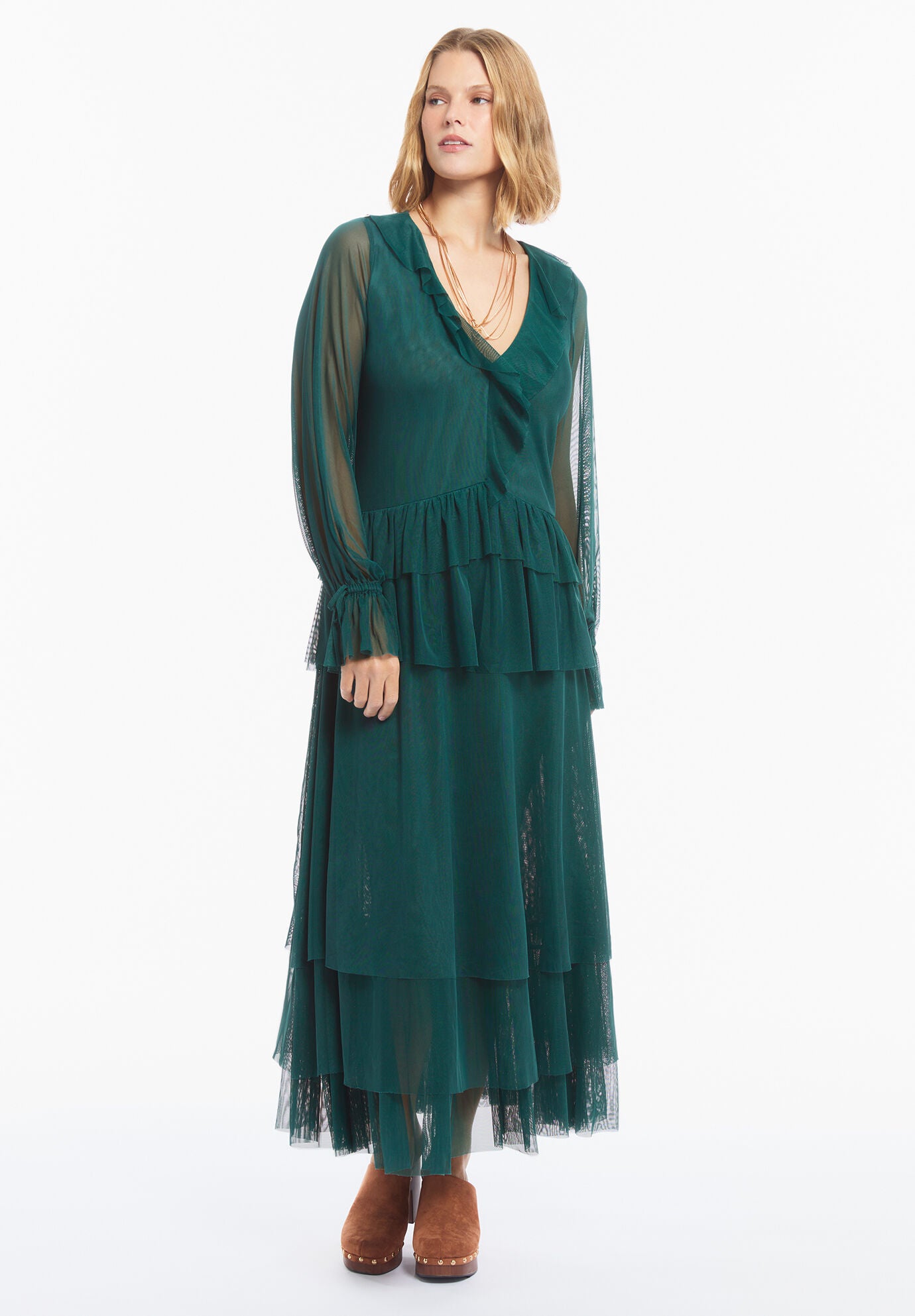 Long Sleeve Ruffled Mesh Maxi Dress