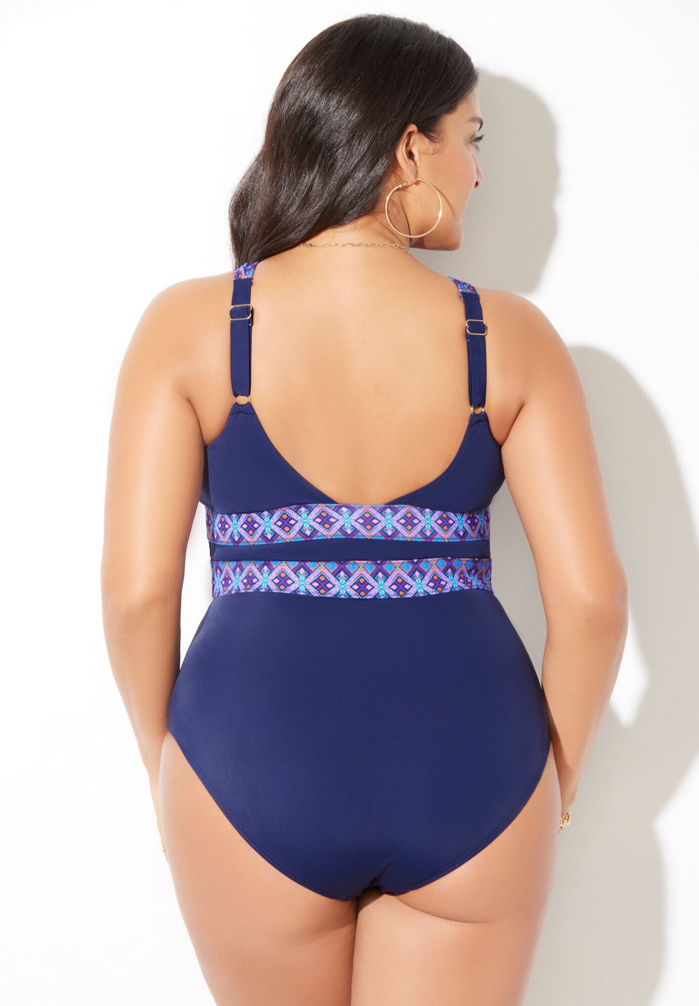 High Neck Keyhole One Piece, NAVY TRIBAL STRIPE, on-hover image number 1