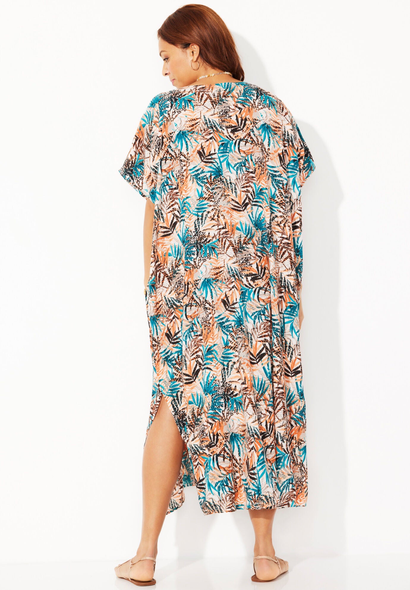 V-neck Tunic Cover-Up Dress, ANIMAL PALM PRINT, on-hover image number 1
