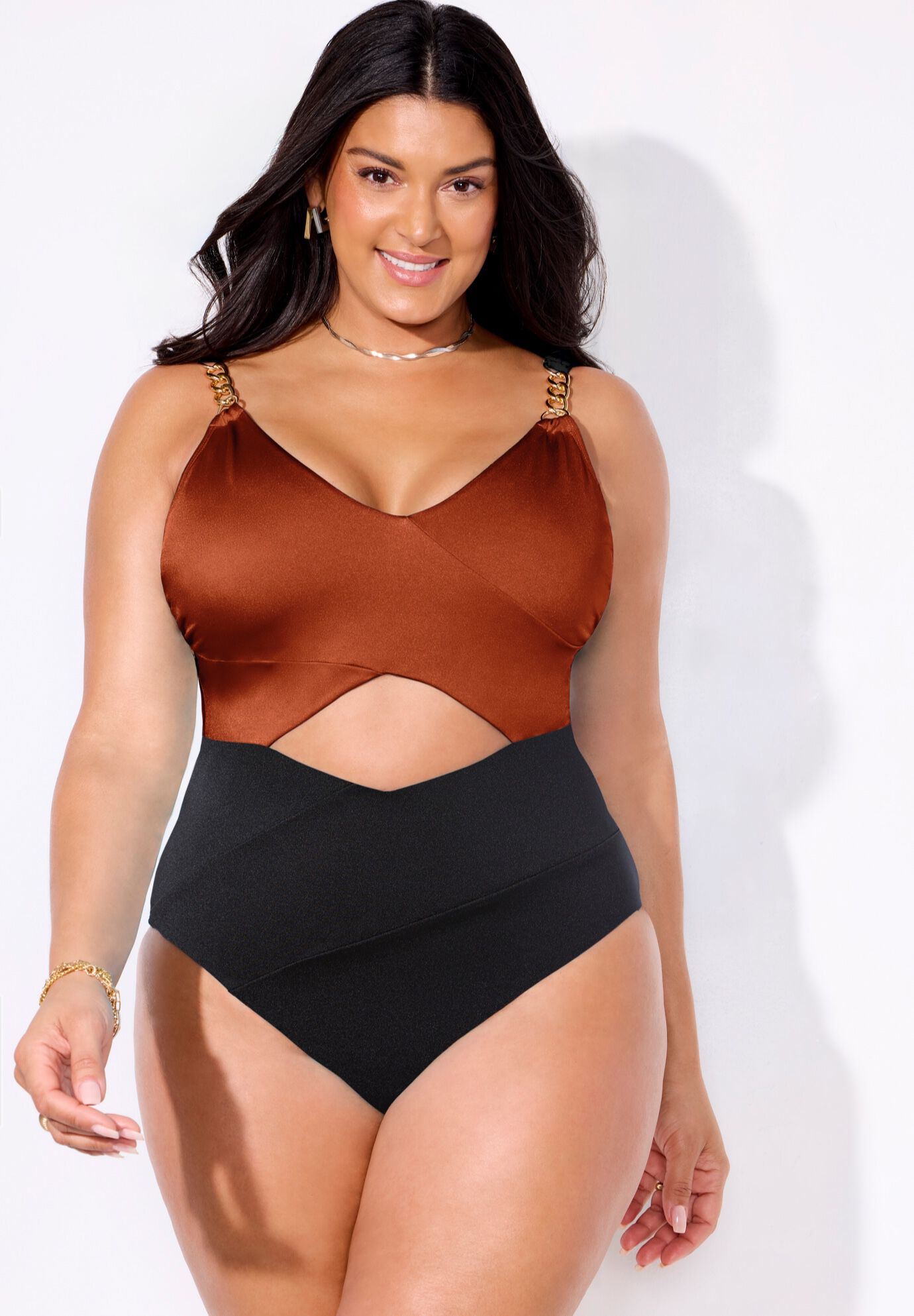 Shimmer Chain Accent Cut Out One Piece Swimsuit, CINNAMON BLACK SHIMMER, alternate image number 3
