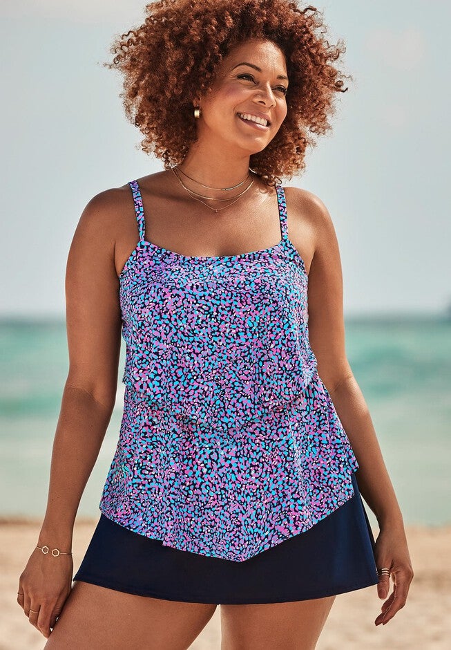 Longer Length Tiered Tankini Set with Side Slit Skirt, , hi-res image number null