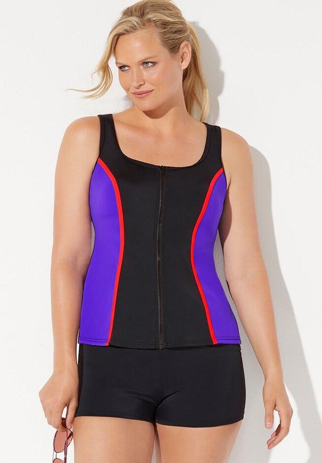 Chlorine Resistant Colorblock Zip Front Tankini Set with Boy Short, , hi-res image number null