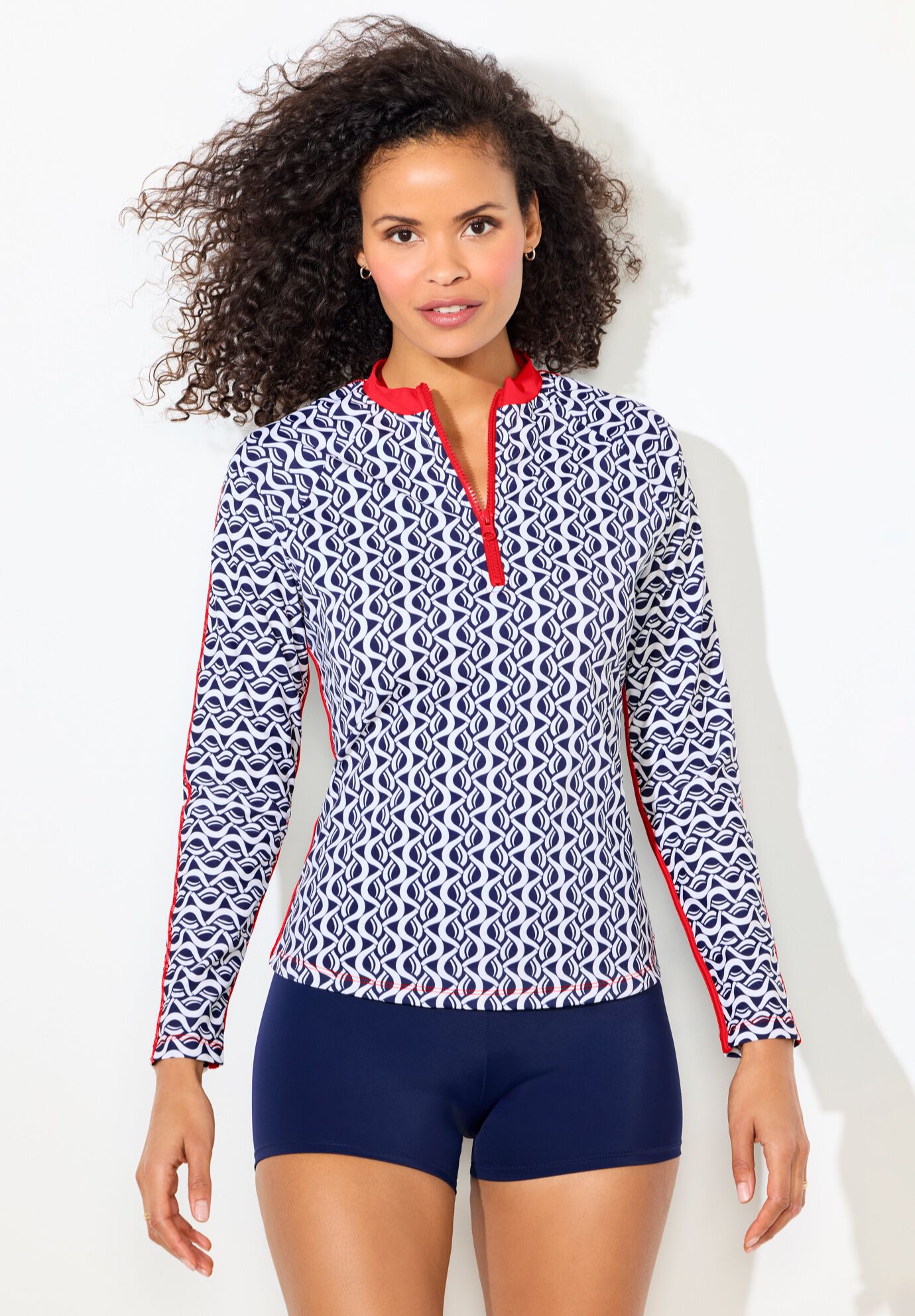 Chlorine Resistant Long Sleeve 1/4 Zip Swim Tee Set With Boy Short, , hi-res image number null