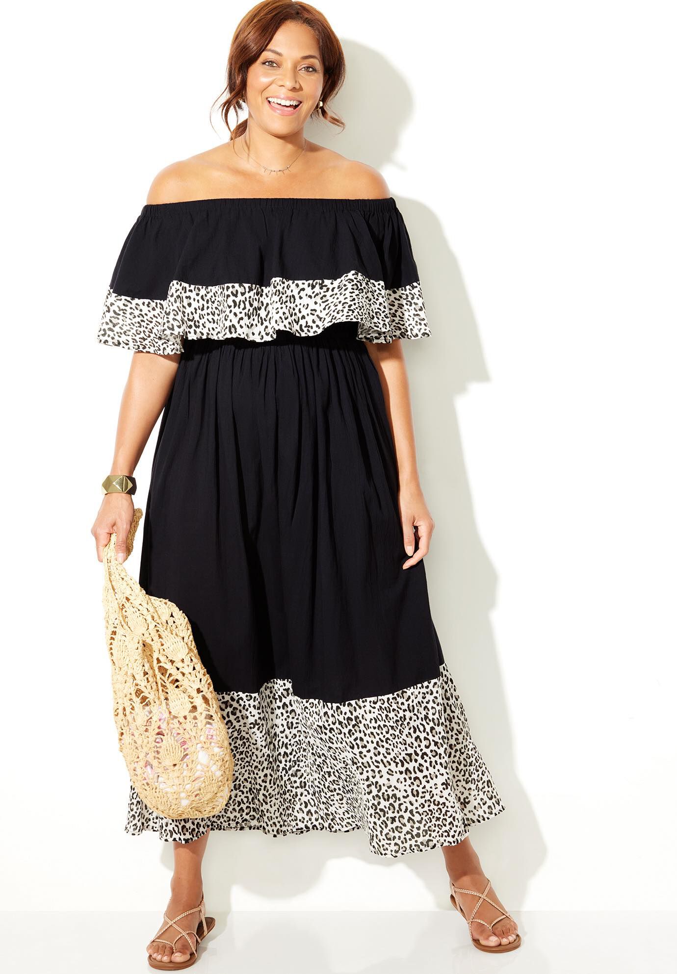 Mia Off the Shoulder Maxi Dress, BLACK LEOPARD, hi-res image number 0