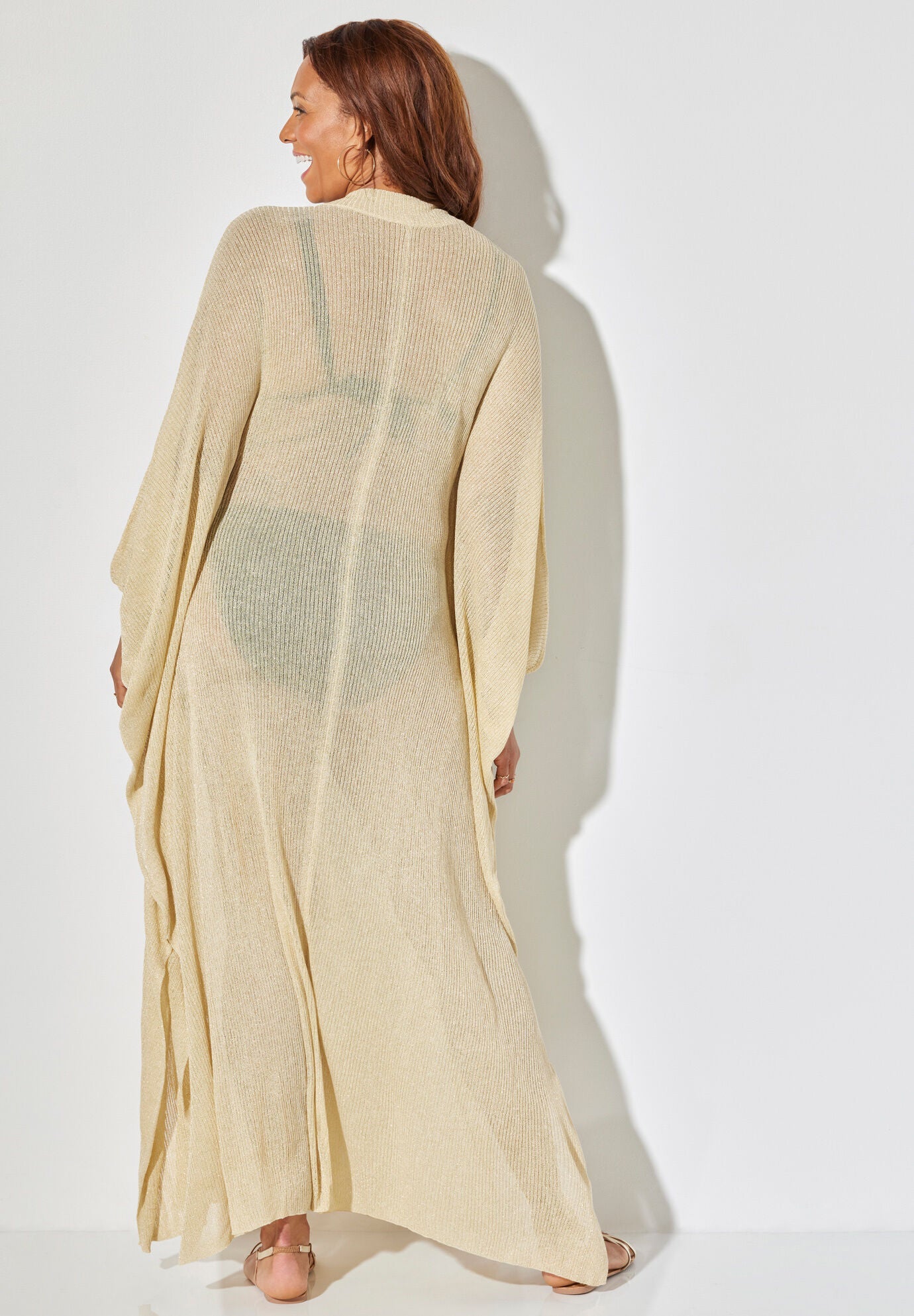 Long V-Neck Shimmer Caftan Tunic Cover Up, GLISTEN LUREX, on-hover image number 1