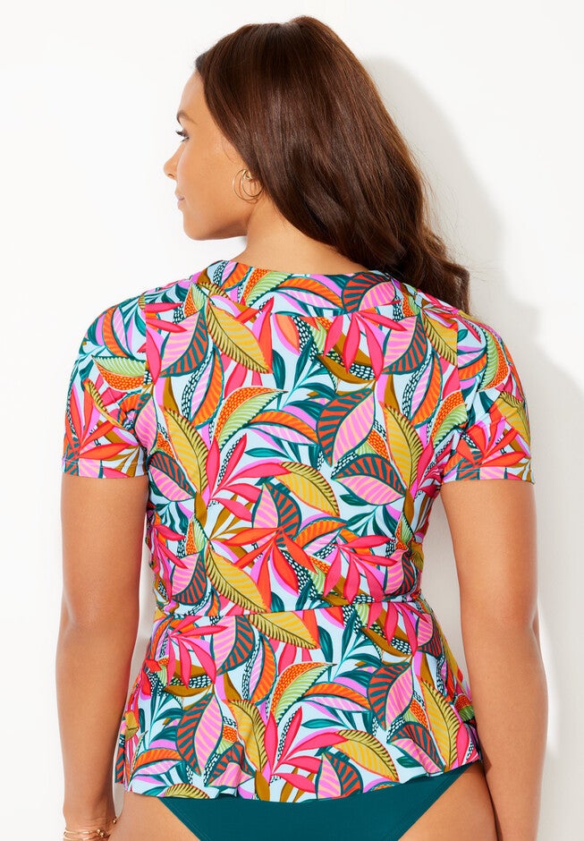 Short Sleeve Faux Wrap Tankini Top, , on-hover image number null