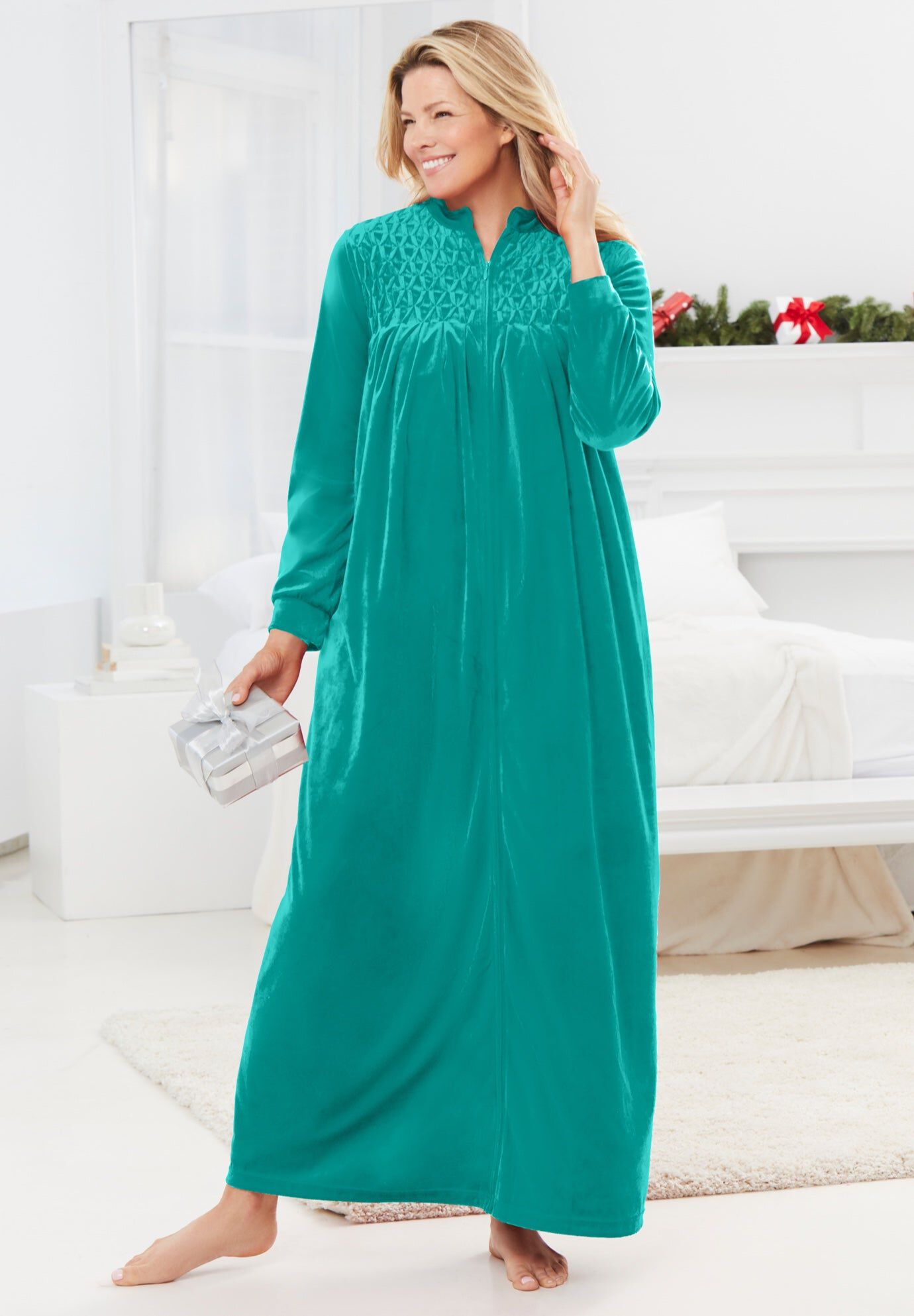 Smocked Velour Long Robe, WATERFALL, hi-res image number 0