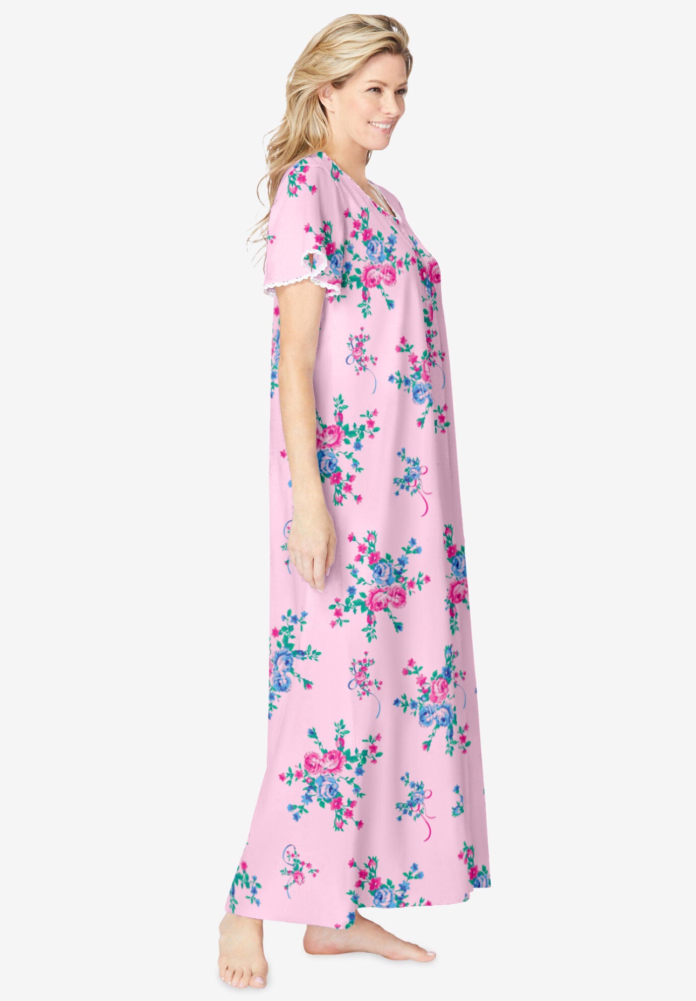 Long Pintuck Knit Gown, PERIWINKLE FLORAL, alternate image number 2