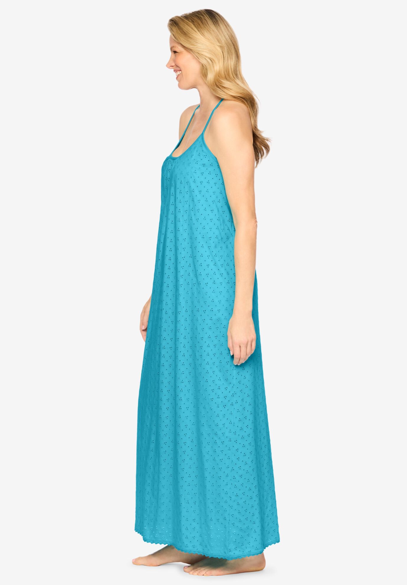 Breezy Eyelet Knit Long Nightgown, CARIBBEAN BLUE, alternate image number 2