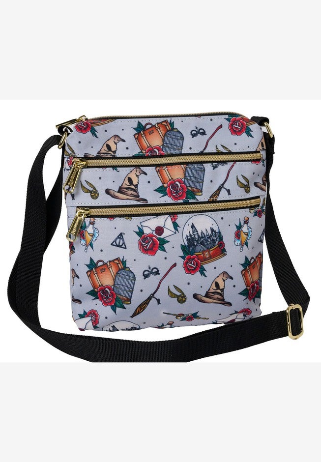 Loungefly x Harry Potter Crossbody Travel Passport Bag Nylon Tattoo All Over Print, GRAY, alternate image number 2