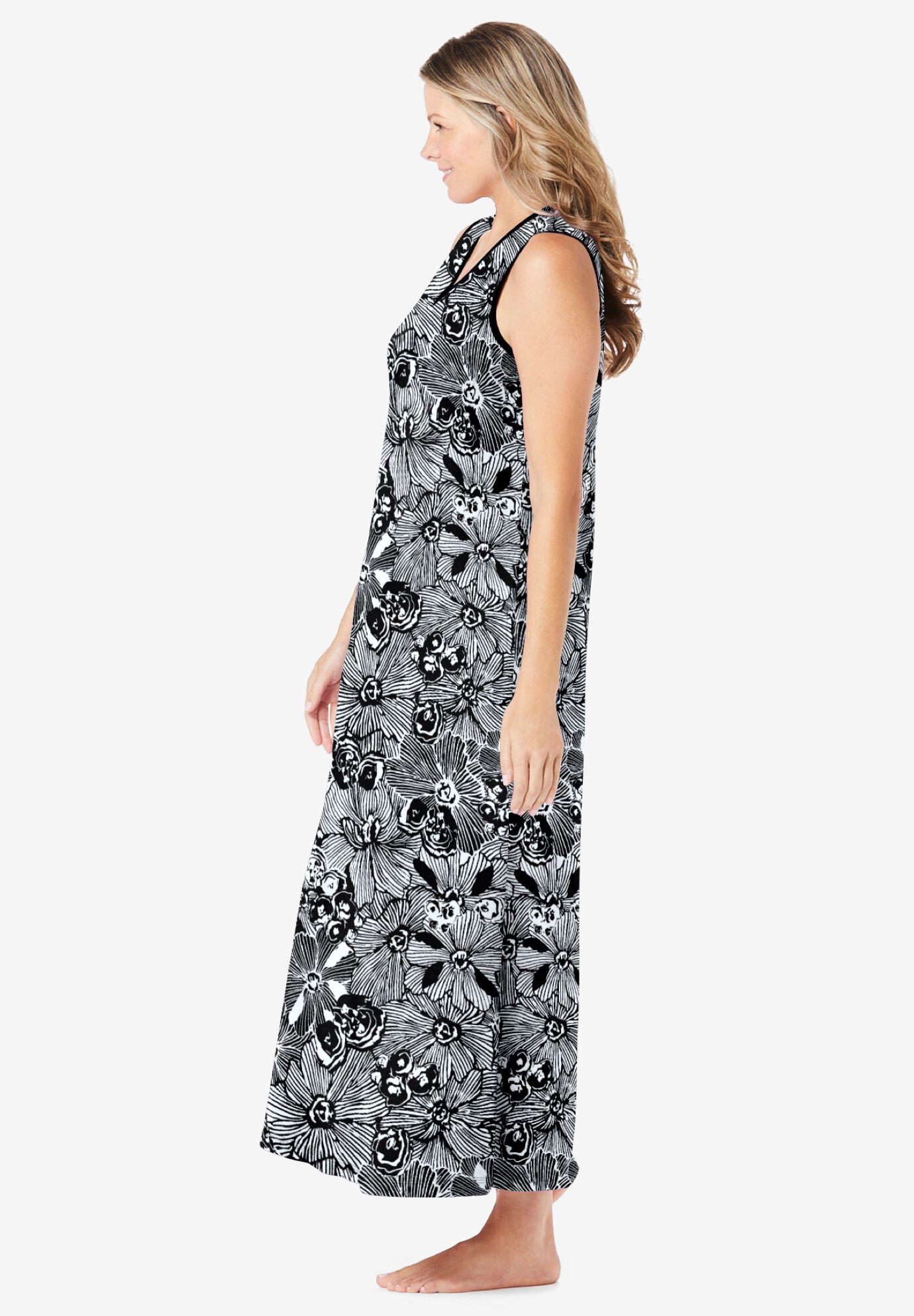 Trapeze V-Neck Lounger, BLACK WHITE FLOWER, alternate image number 2