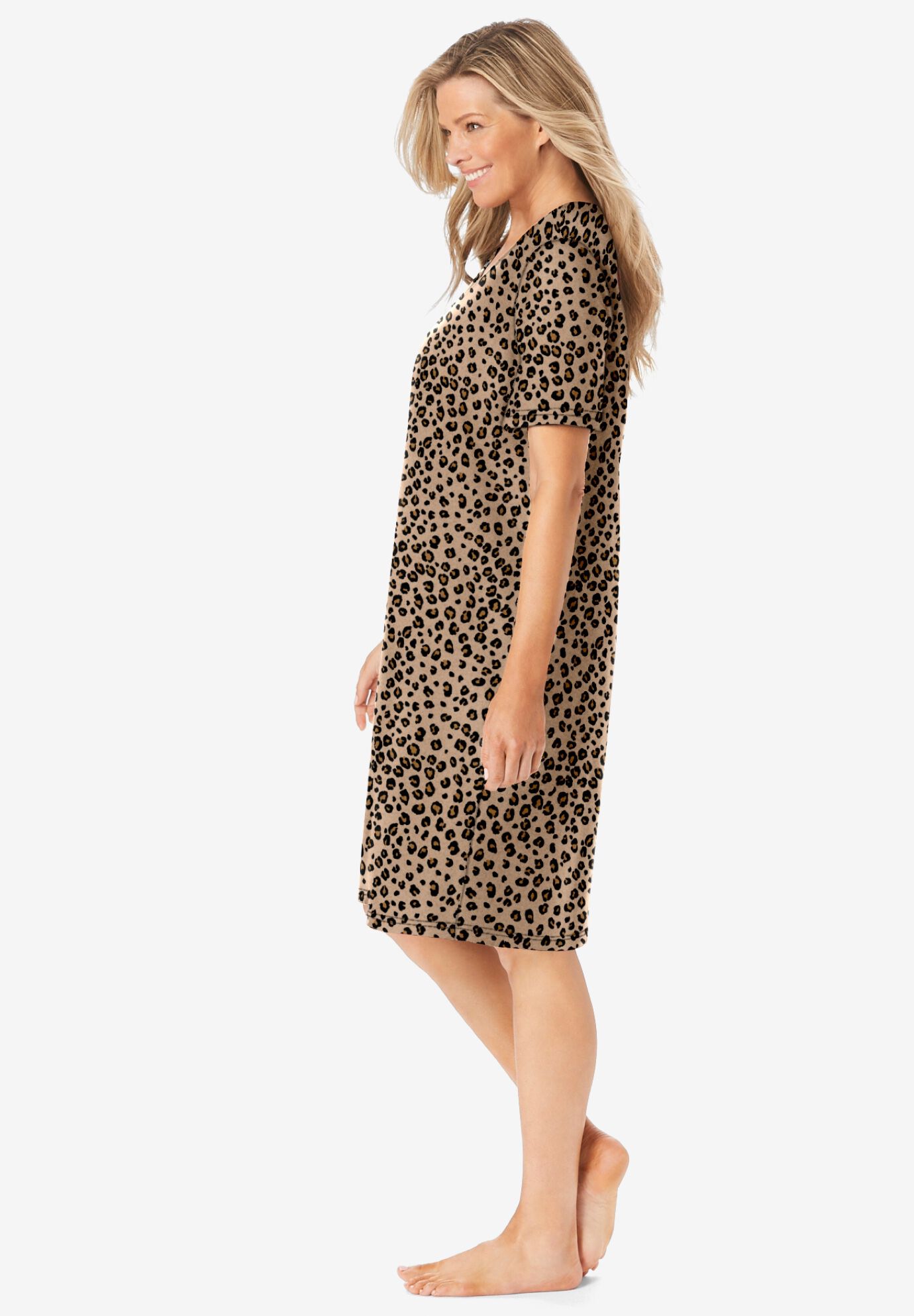 V-NECK SHORT SLEEVE KNEE-LENGTH COTTON SLEEPSHIRT, CLASSIC LEOPARD, alternate image number 2