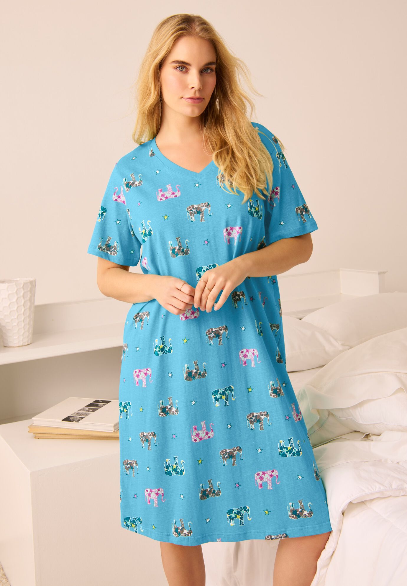 V-NECK SHORT SLEEVE KNEE-LENGTH COTTON SLEEPSHIRT, , alternate image number 3