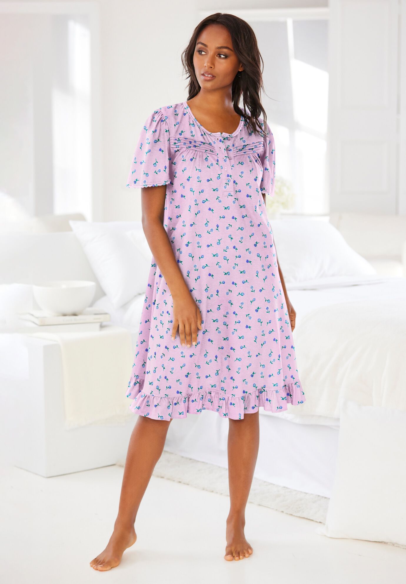 Short Floral Print Cotton Gown, PINK DITSY, alternate image number 3