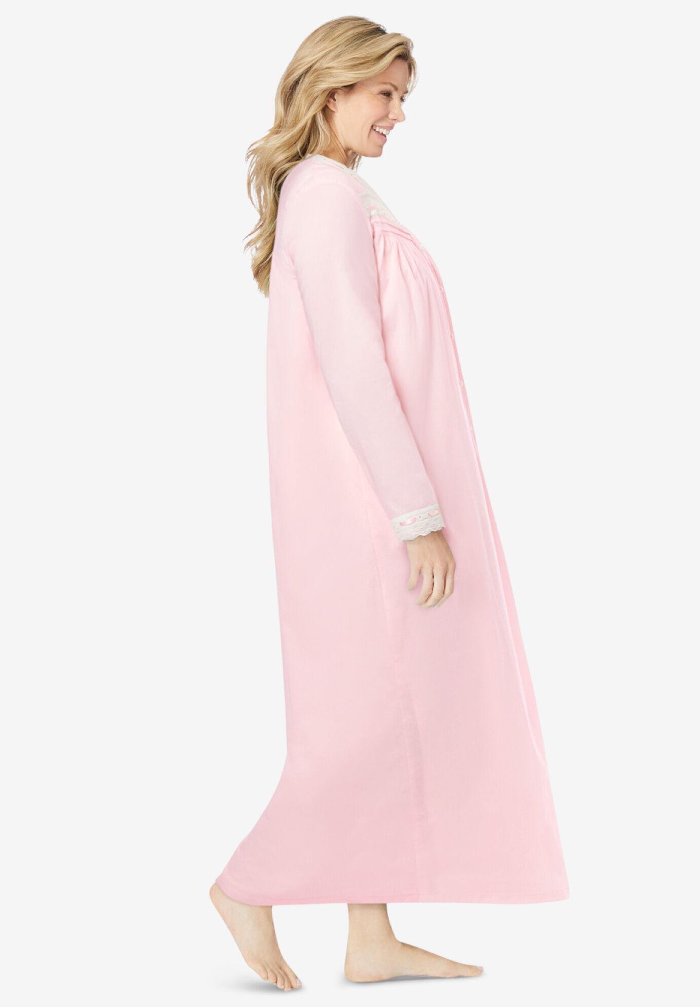 Long 2-Piece Cabbage-Rose Peignoir Set, WHITE, alternate image number 2