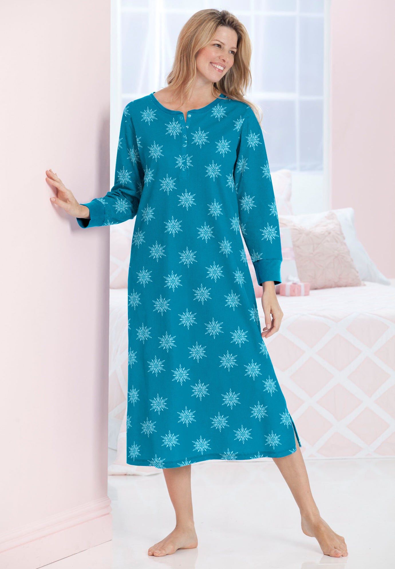 Thermal Henley Sleepshirt, DARK TURQ SNOWFLAKES, hi-res image number 0
