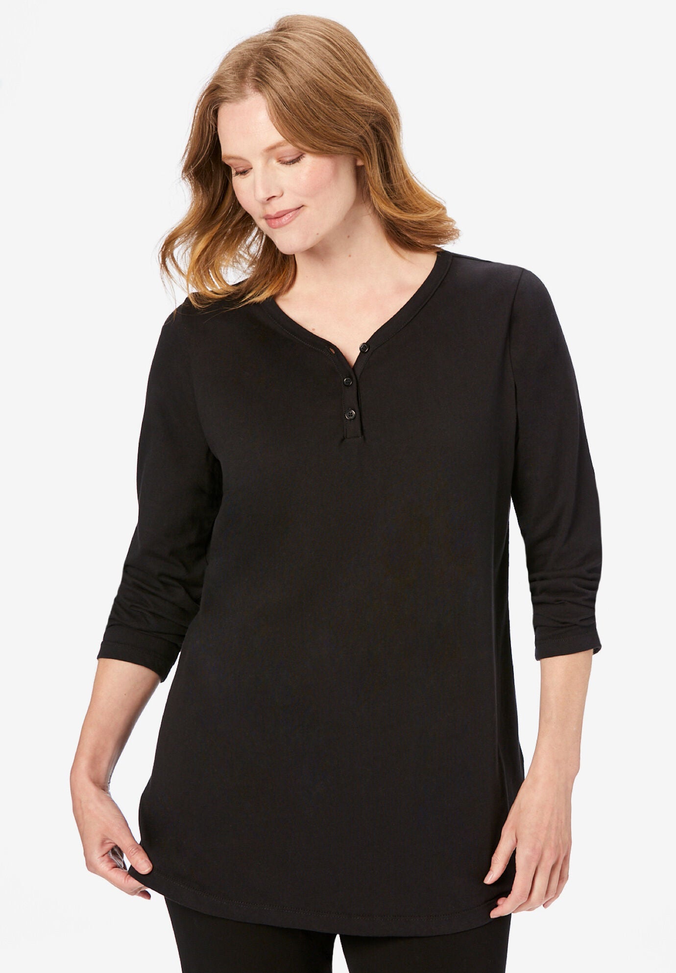 Long Sleeve Henley Sleepshirt, BLACK, hi-res image number 0