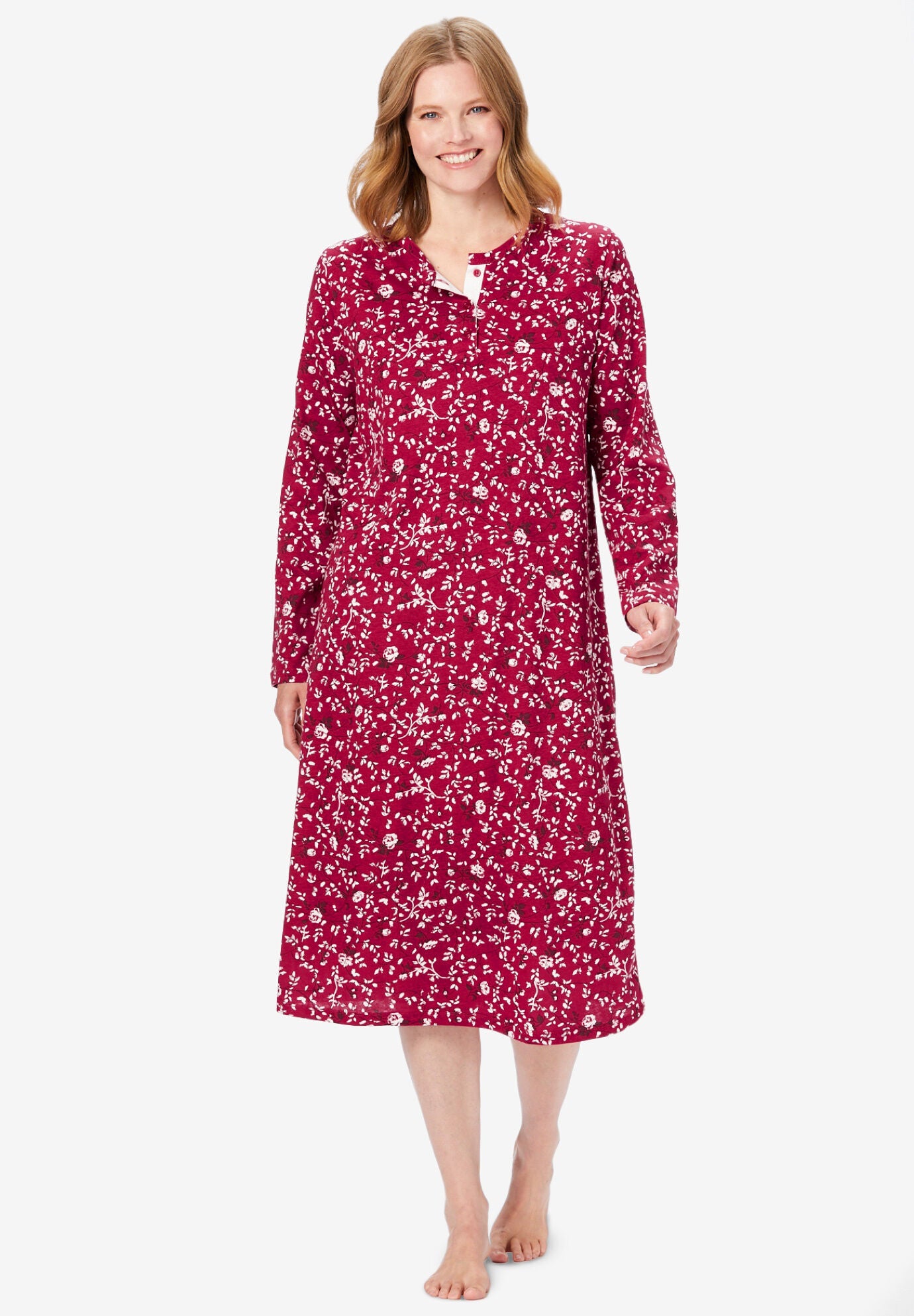 Henley Sleep Shirt, CLASSIC RED IVORY, hi-res image number 0