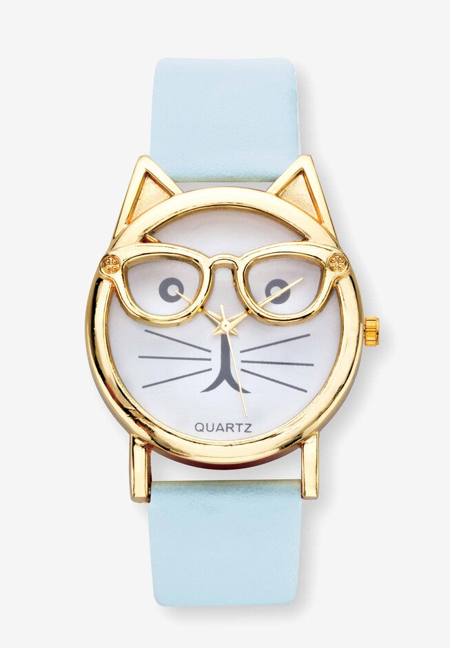 Gold Tone Bowtie Cat Watch with Adjustable Light Blue Strap, 8 inches, CRYSTAL, hi-res image number null