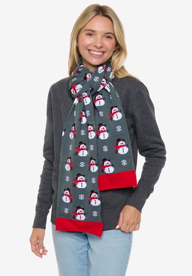 Womens Christmas Snowman Scarf 70 inches Fair Isle Knit Double Sided Print, RED, alternate image number 7