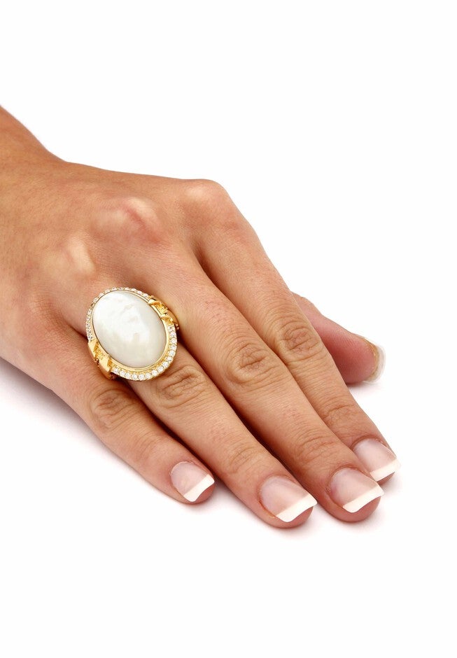 Gold-Plated Oval Mother of Pearl and CZ Ring, , alternate image number 2