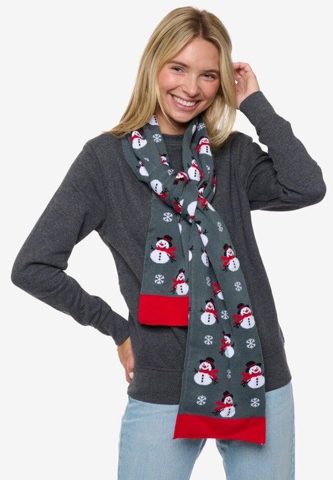 Womens Christmas Snowman Scarf 70 inches Fair Isle Knit Double Sided Print, RED, alternate image number 2