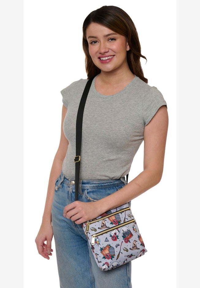 Loungefly x Harry Potter Crossbody Travel Passport Bag Nylon Tattoo All Over Print, GRAY, alternate image number 6