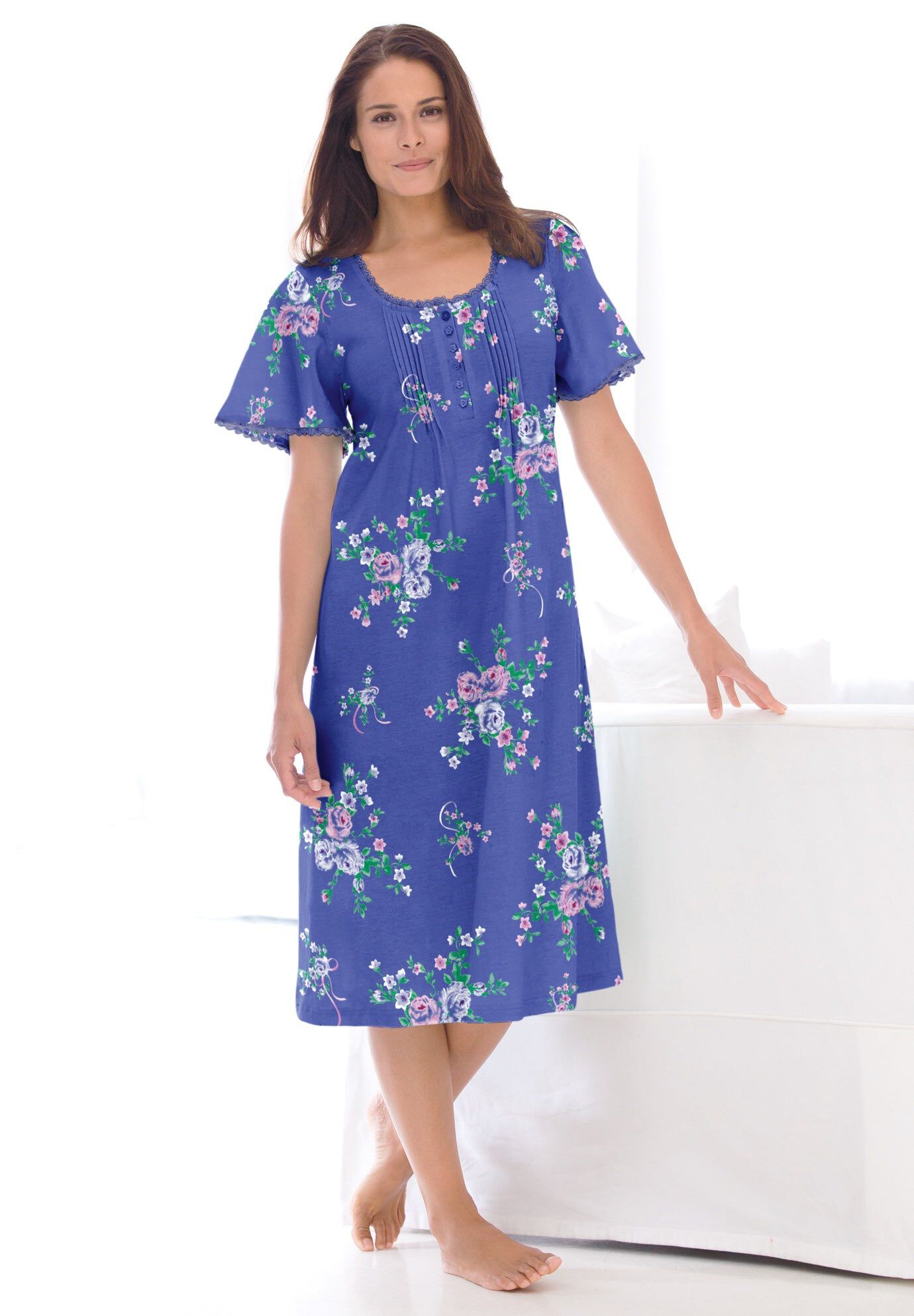 Short Pintuck Knit Gown, PERIWINKLE FLORAL, hi-res image number 0