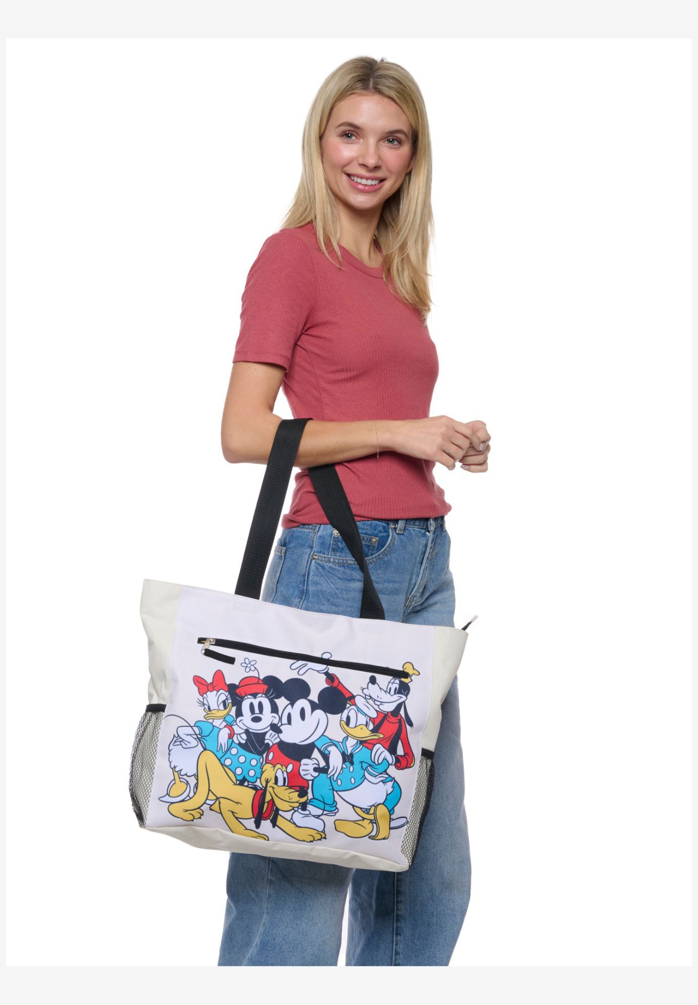 Disney Mickey & Friends Women's Zippered Beach Travel Tote with Bottle Pockets, WHITE, alternate image number 3