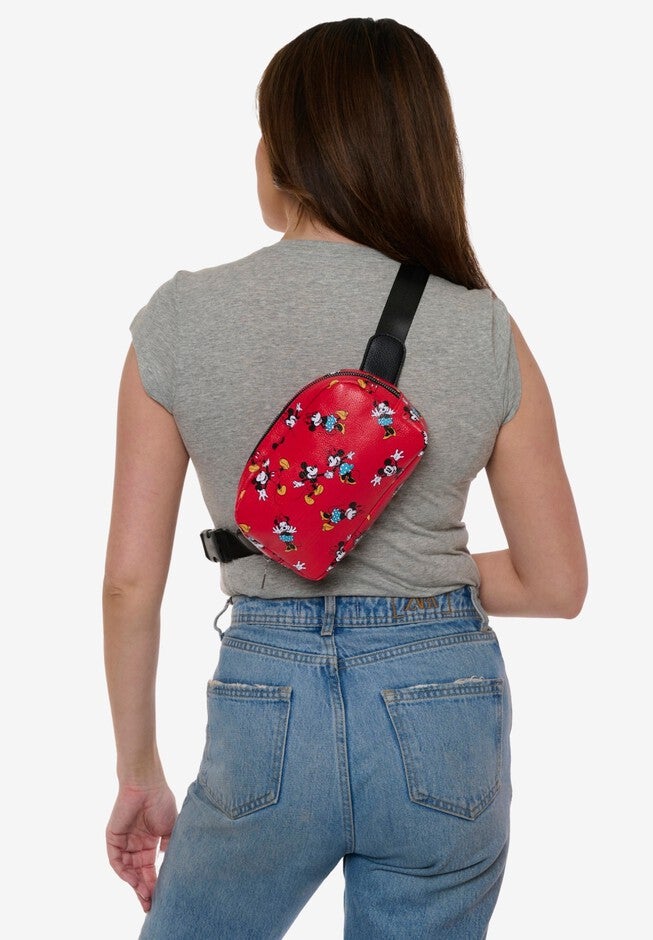 Disney Mickey & Minnie Mouse Belt Bag Crossbody Zippered All Over Print Faux Leather, , alternate image number null