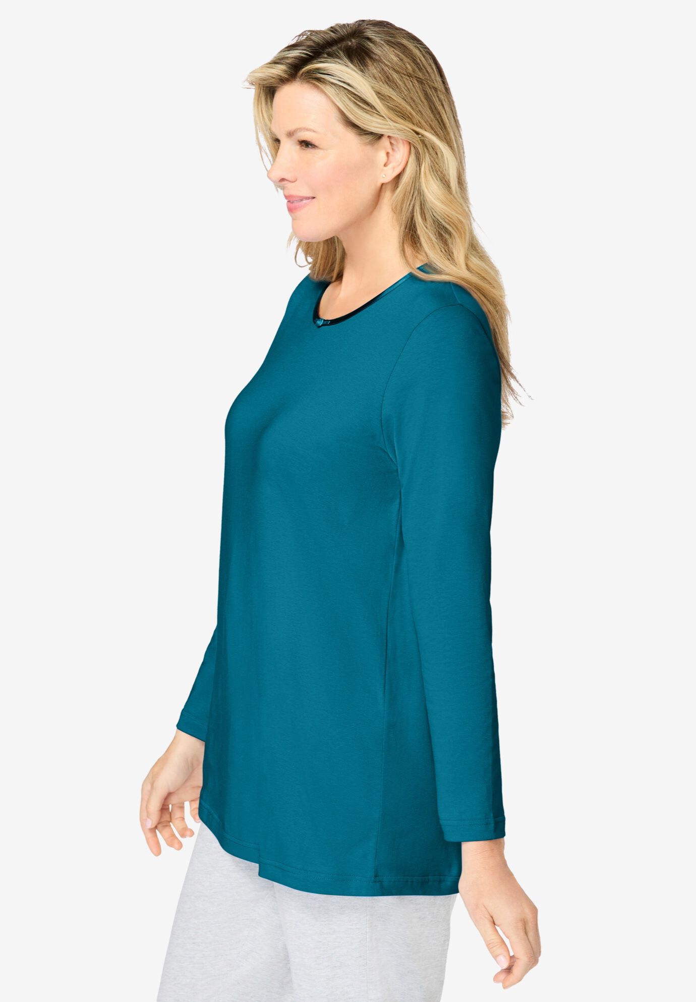 Satin Trim Sleep Tee, DEEP TEAL, alternate image number 2