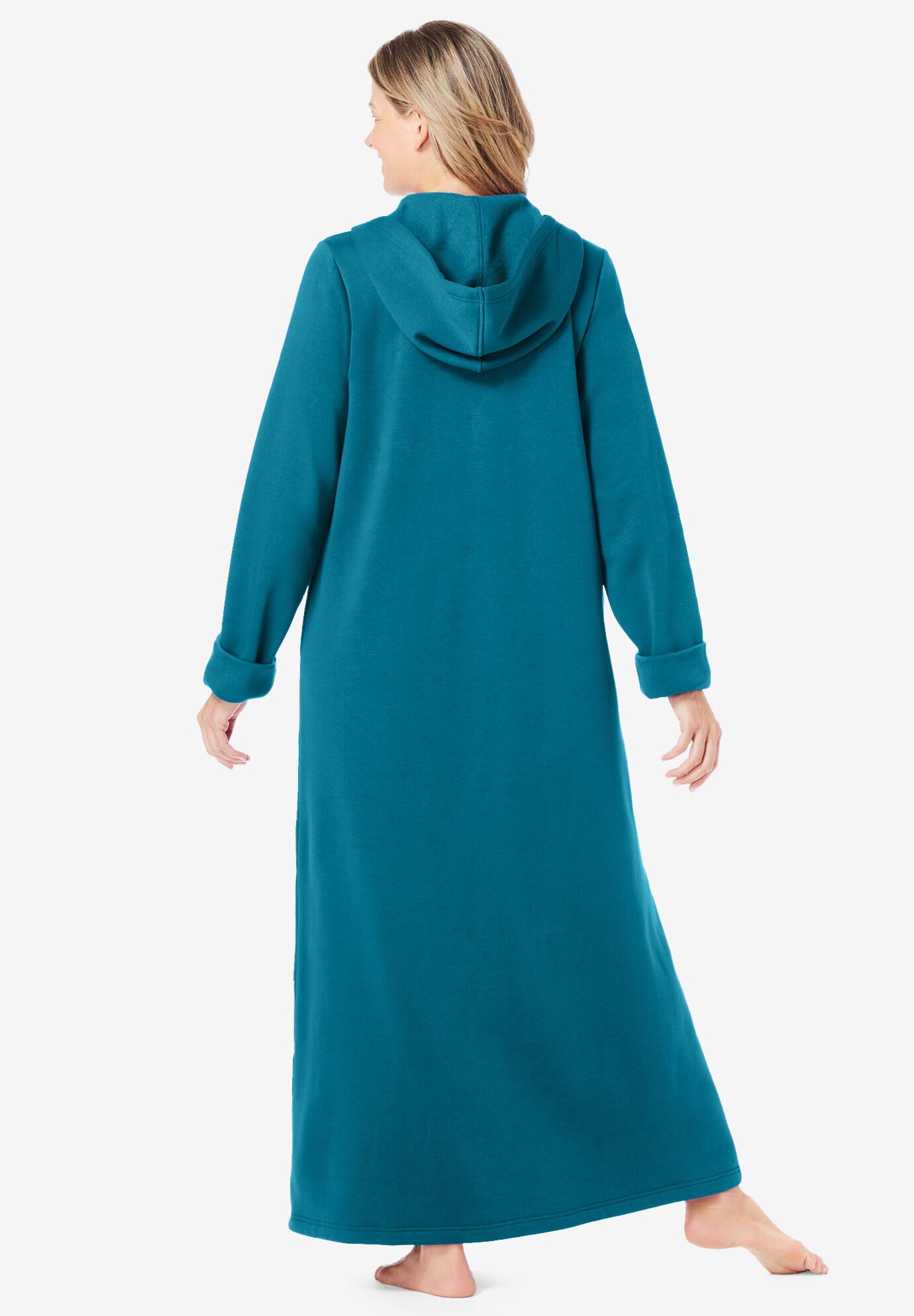 Long Hooded Fleece Sweatshirt Robe, DEEP TEAL, on-hover image number 1