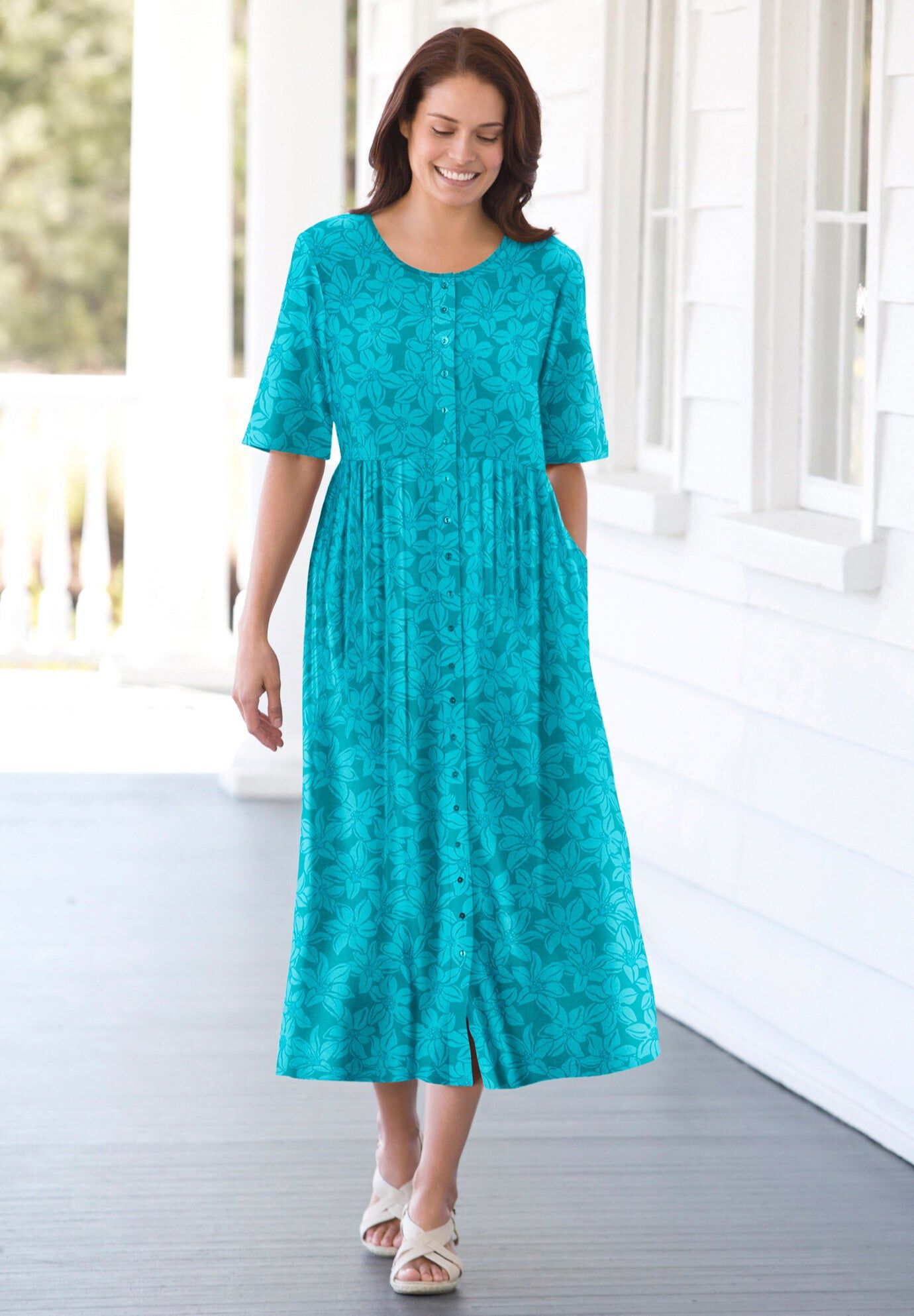 Button-Front Elbow-Sleeve Knit Dress