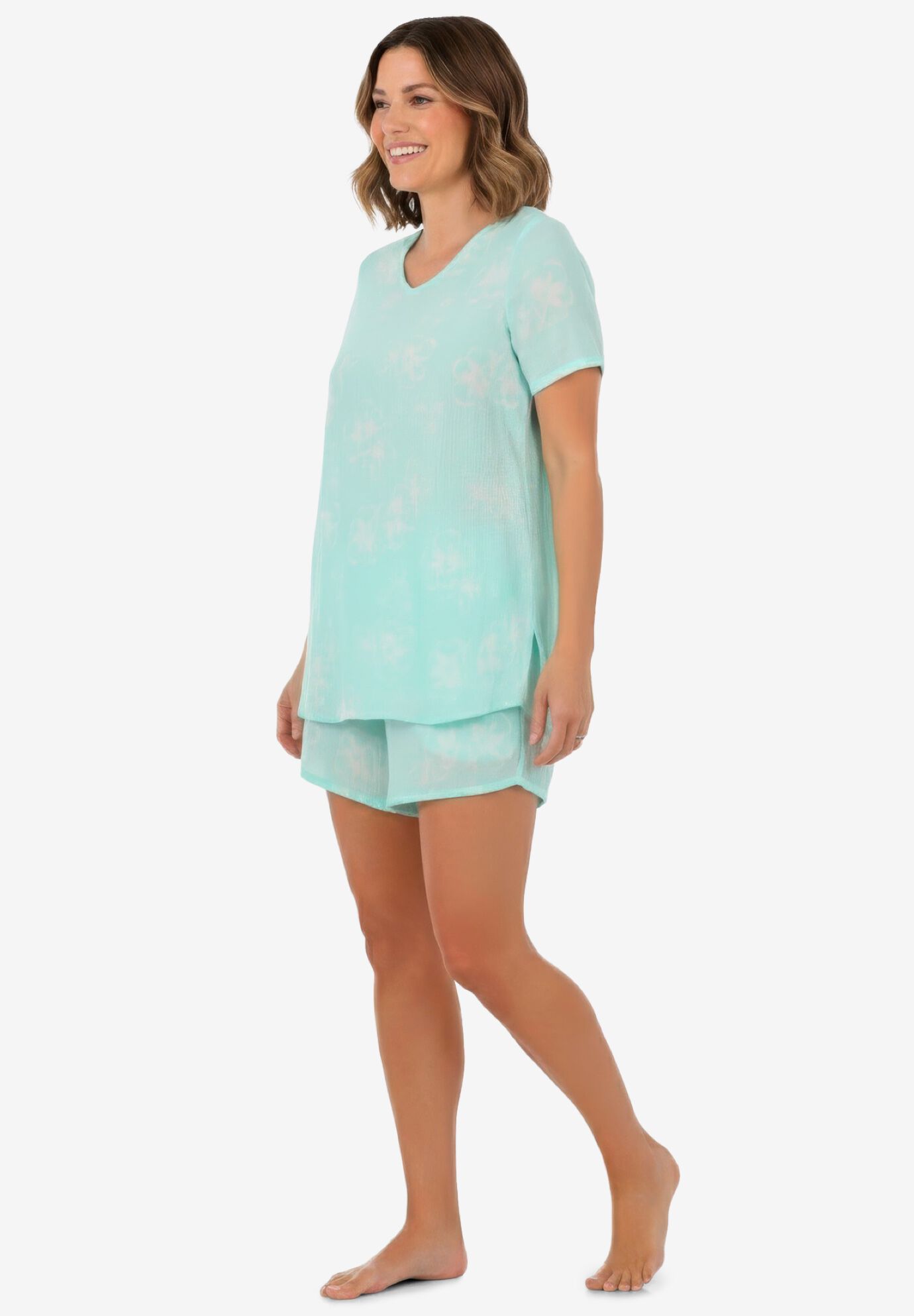 2-Piece Gauze Shorty Pajama Set, LIGHT SAGE HIBISCUS, alternate image number 2