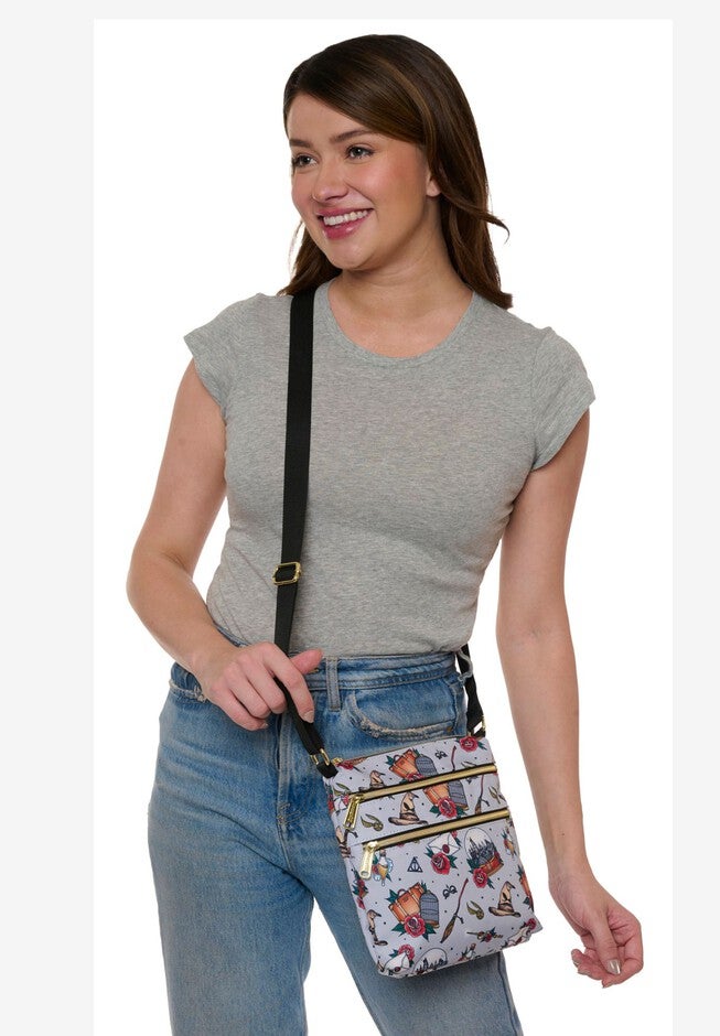 Loungefly x Harry Potter Crossbody Travel Passport Bag Nylon Tattoo All Over Print, GRAY, alternate image number 5