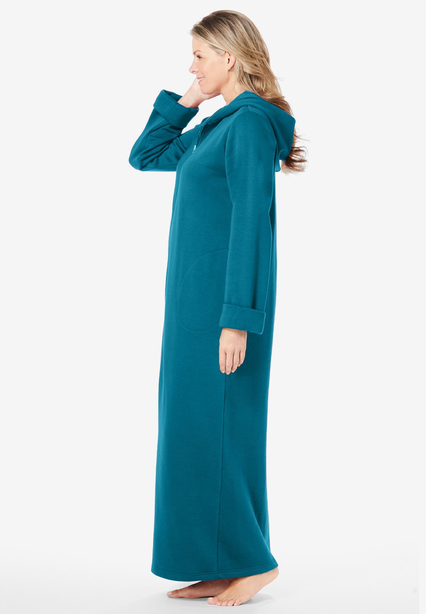 Long Hooded Fleece Sweatshirt Robe, DEEP TEAL, alternate image number 2