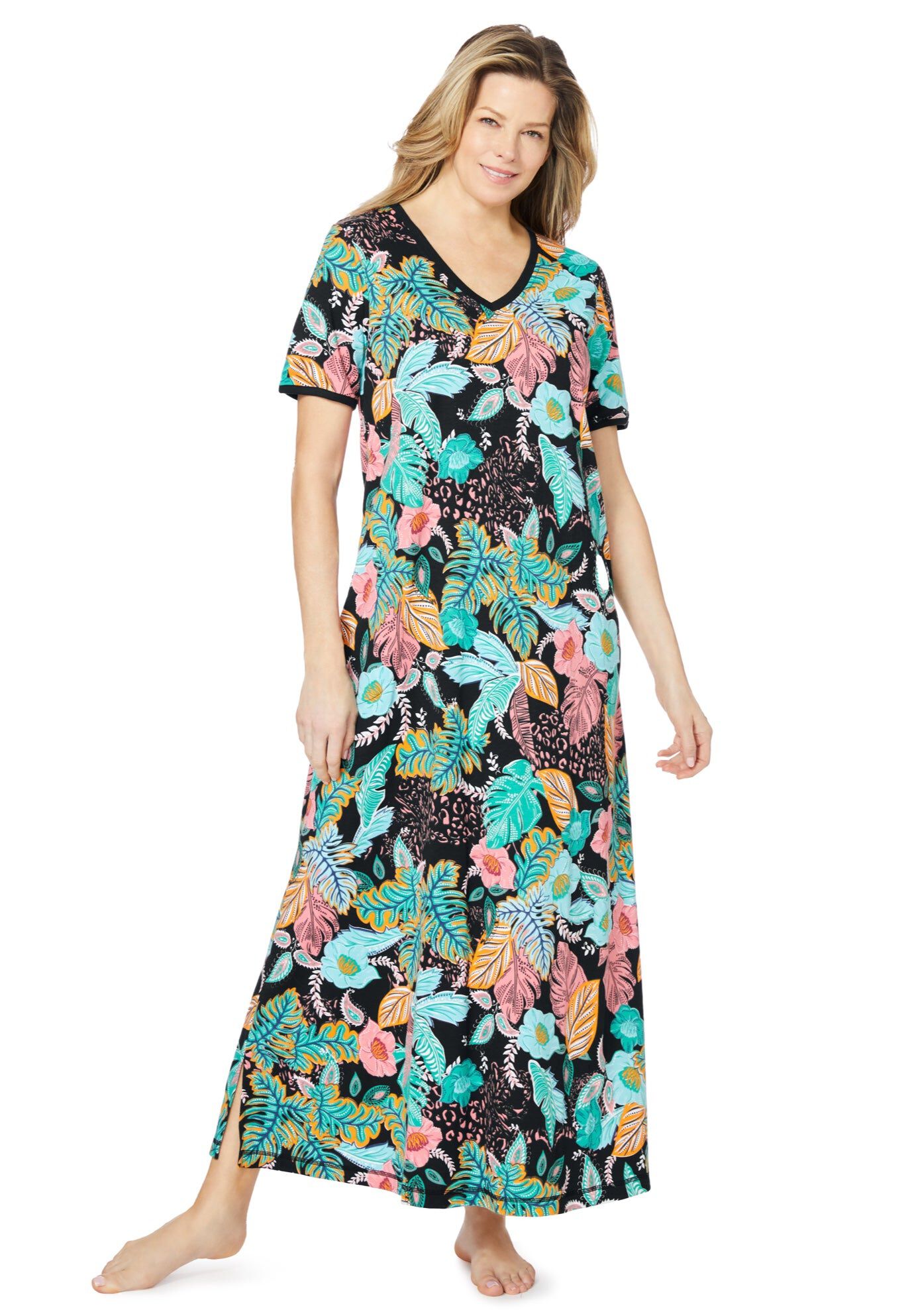 V-NECK SHORT SLEEVE MAXI LOUNGER, BLACK MULTI FLORAL, hi-res image number 0