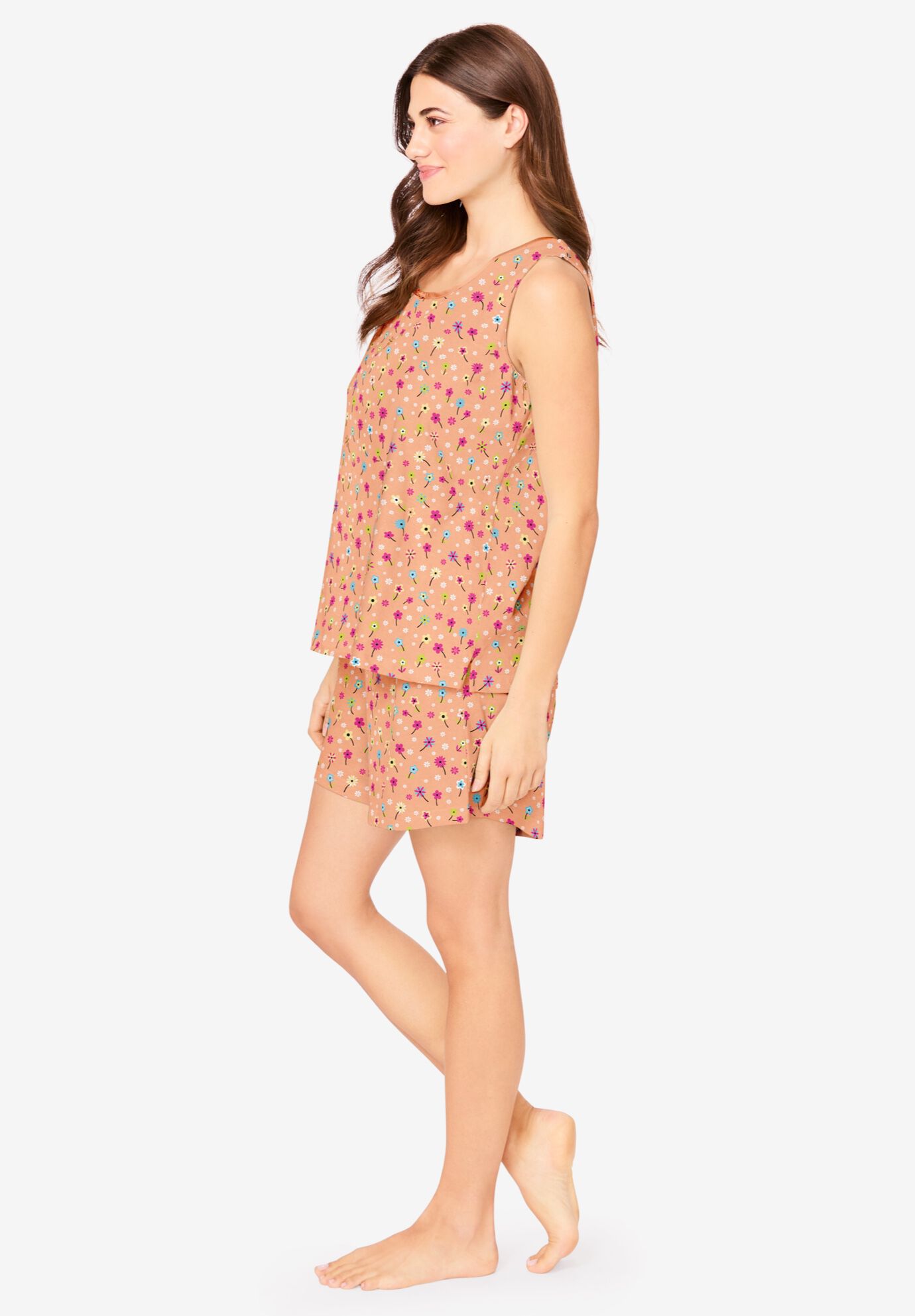 2-Piece Sleeveless Tee and Shorts PJ Set, HONEY PEACH FLORAL, alternate image number 2