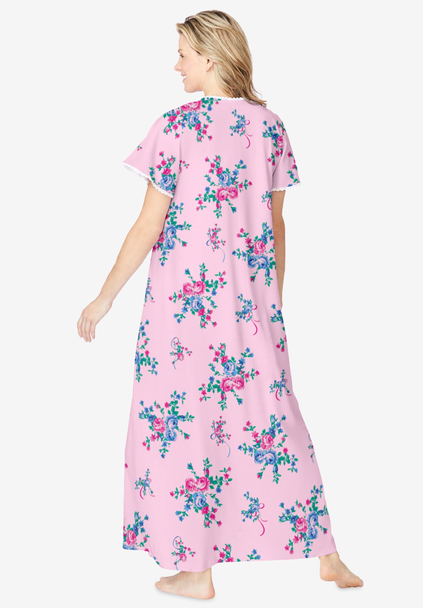 Long Pintuck Knit Gown, PERIWINKLE FLORAL, on-hover image number 1
