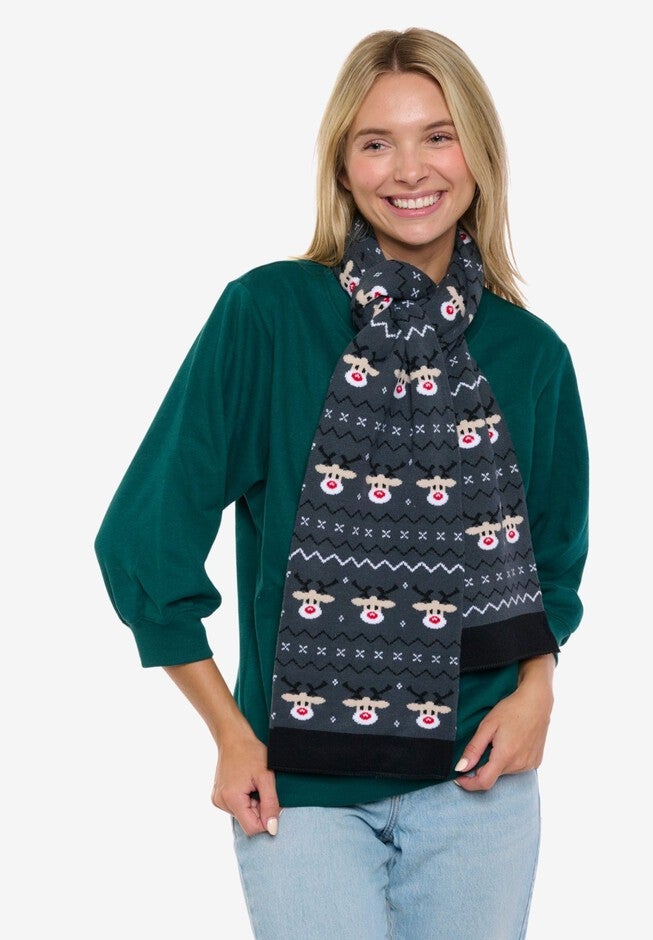 Womens Christmas Reindeer Knit Scarf 70 inches Fair Isle Double Sided Print, RED, hi-res image number 0