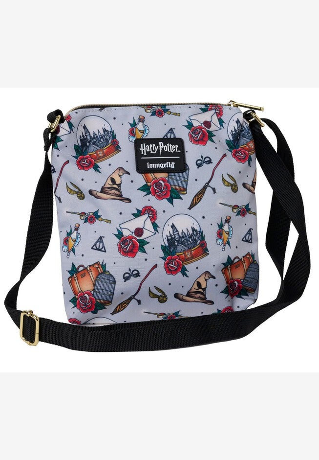 Loungefly x Harry Potter Crossbody Travel Passport Bag Nylon Tattoo All Over Print, GRAY, on-hover image number 1