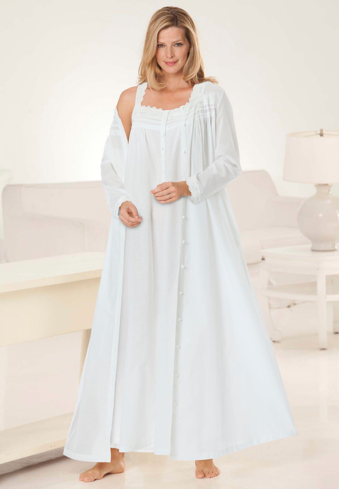 Long 2-Piece Cabbage-Rose Peignoir Set, WHITE, hi-res image number 0