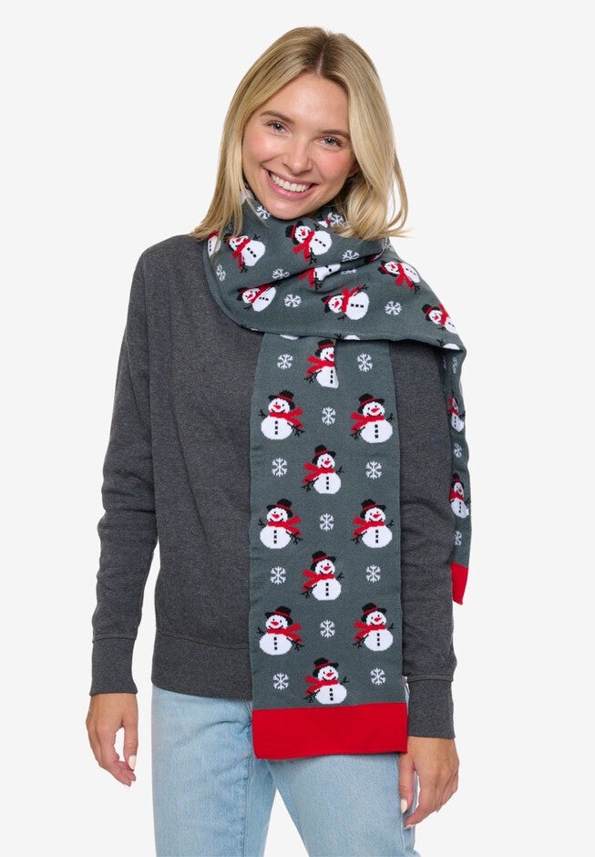 Womens Christmas Snowman Scarf 70 inches Fair Isle Knit Double Sided Print, RED, hi-res image number 0