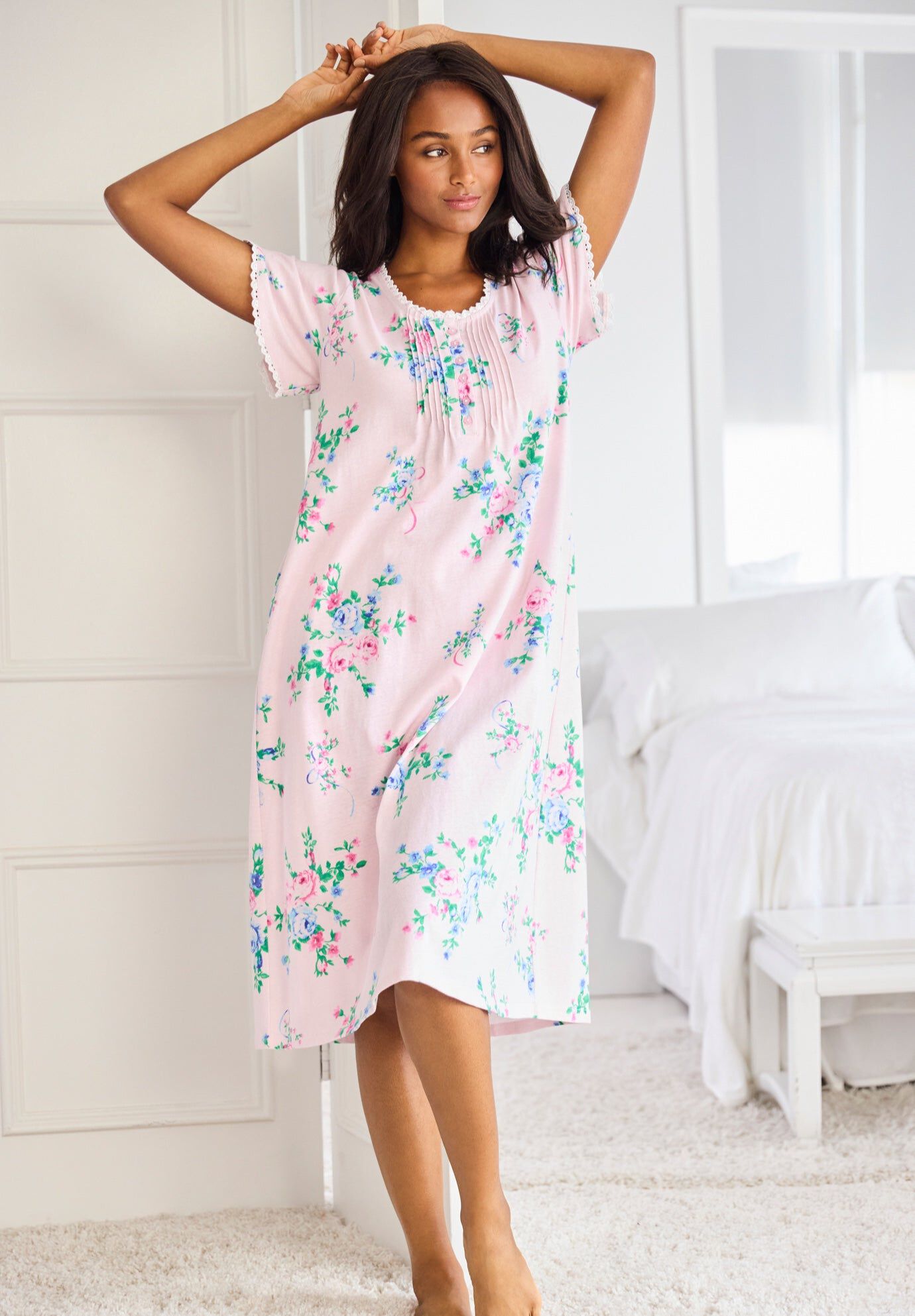 Short Pintuck Knit Gown, PINK FLORAL, hi-res image number 0
