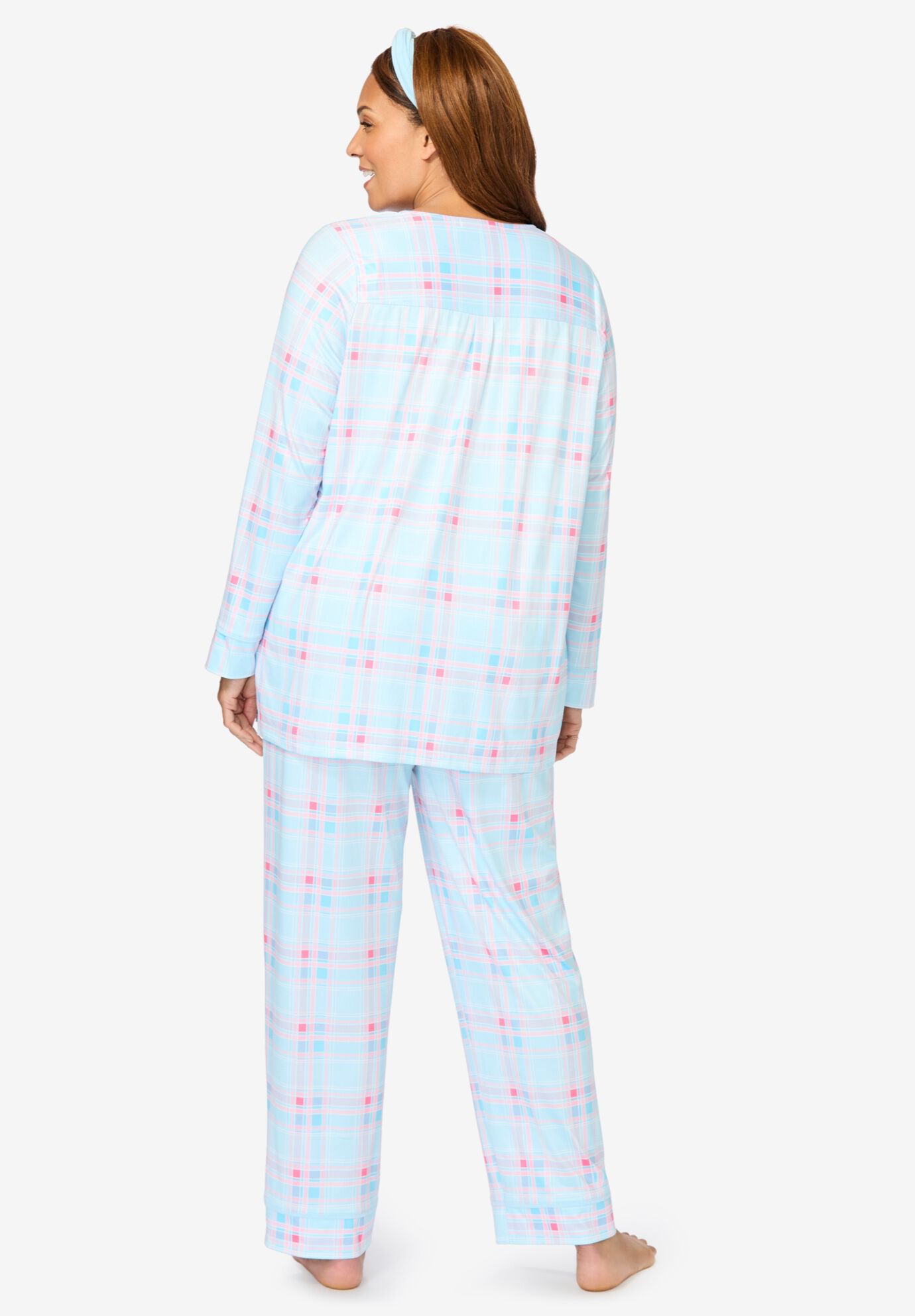 Dreams & Co.&reg; V-Neck Pajama & Headband Set, BLUE PINK PLAID, on-hover image number 1