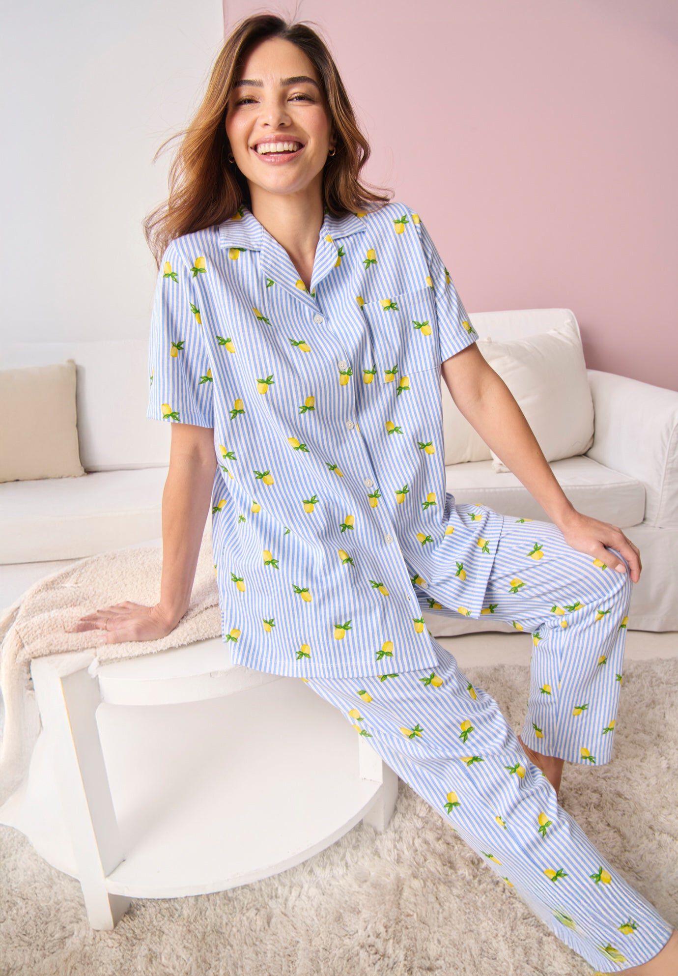 Button-Front Pajama, FRENCH BLUE LEMON STRIPE, hi-res image number 0