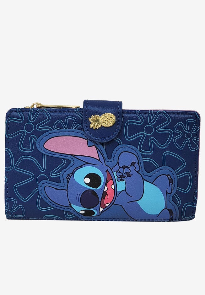 Loungefly X Disney Women'S Stitch Snap Flap Wallet Pineapples Flowers Blue Wallet, , alternate image number 2