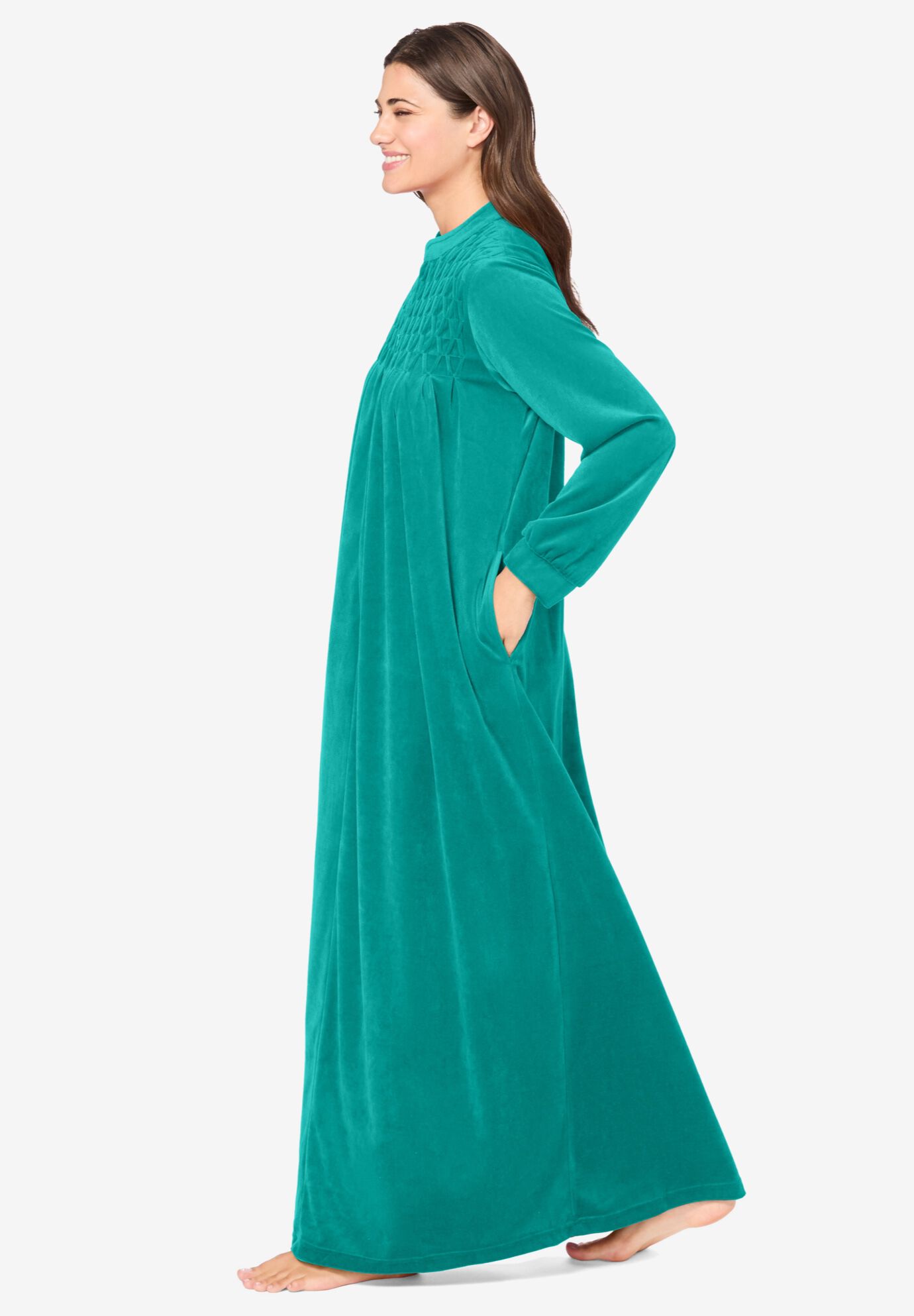 Smocked Velour Long Robe, WATERFALL, alternate image number 2