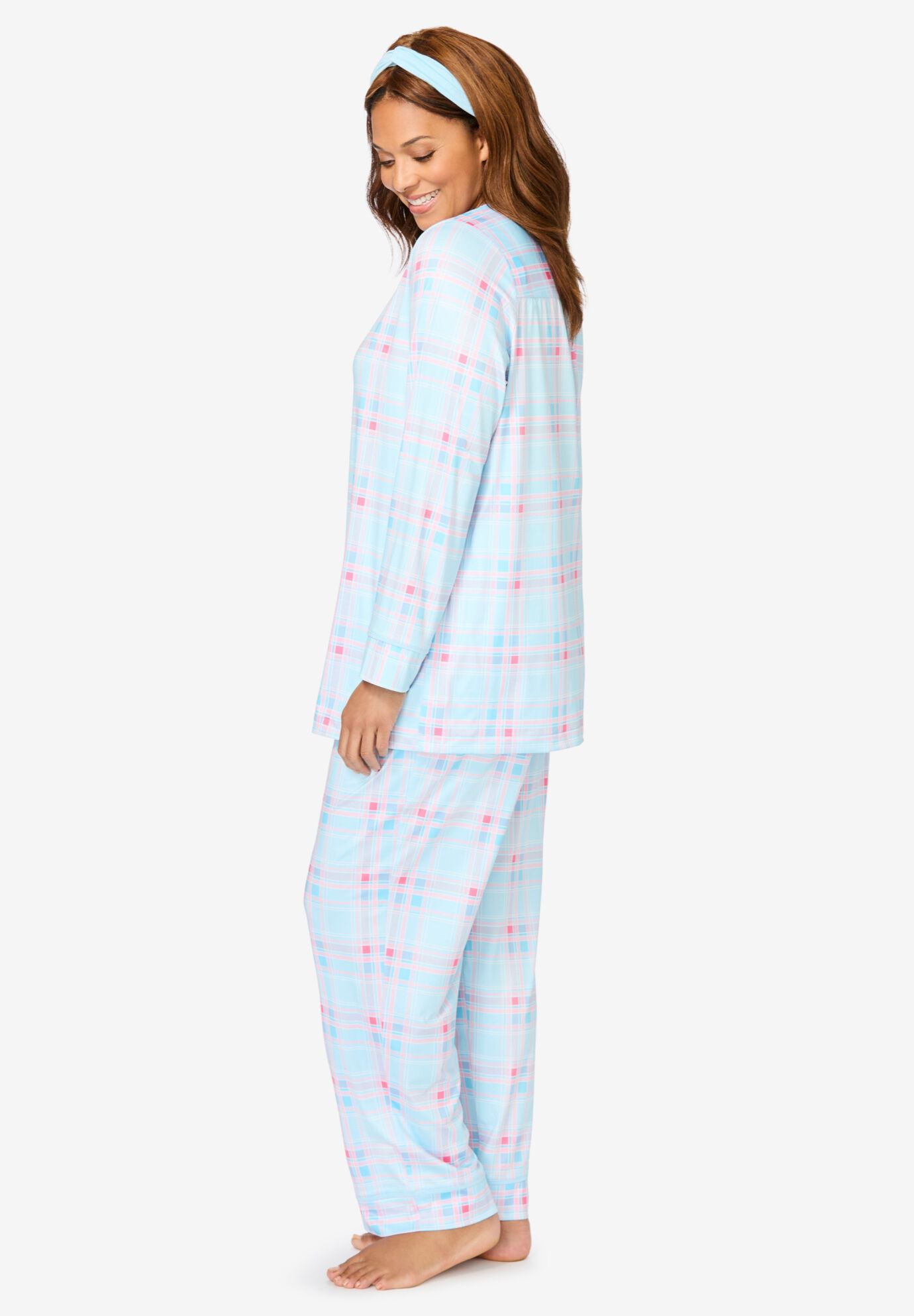 Dreams & Co.&reg; V-Neck Pajama & Headband Set, BLUE PINK PLAID, alternate image number 2