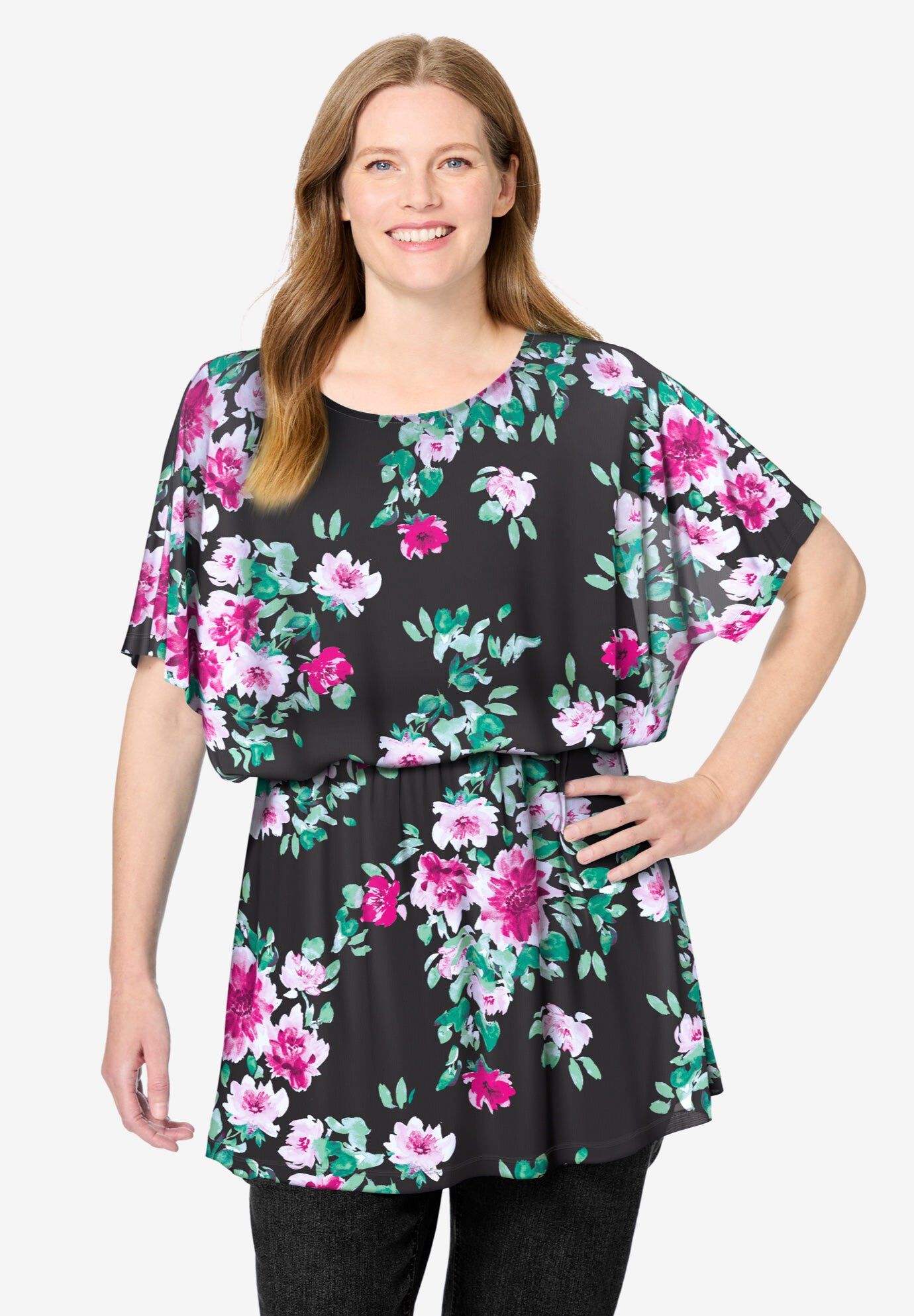 Miracle Mesh Blouson Tunic, BLACK BLOOM, hi-res image number 0